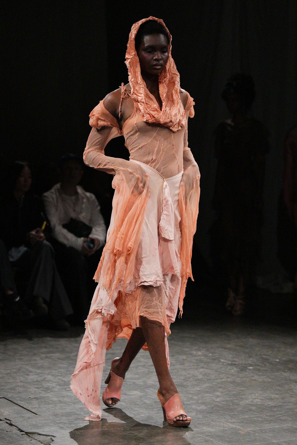 hooded distressed chiffon dress