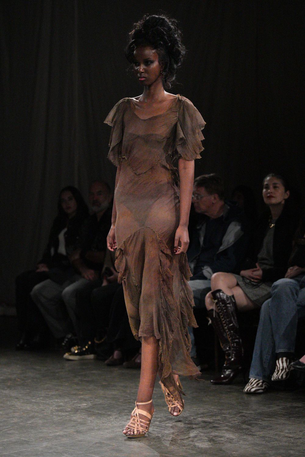 brown chiffon short-sleeve scoop-neck ruffled draped maxi-dress