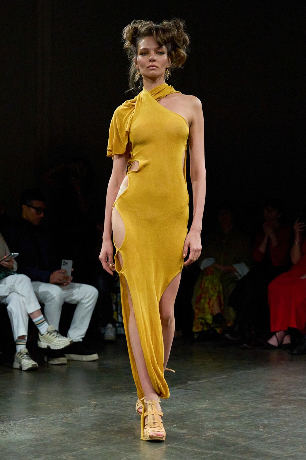 mustard one-shoulder cutout knit gown