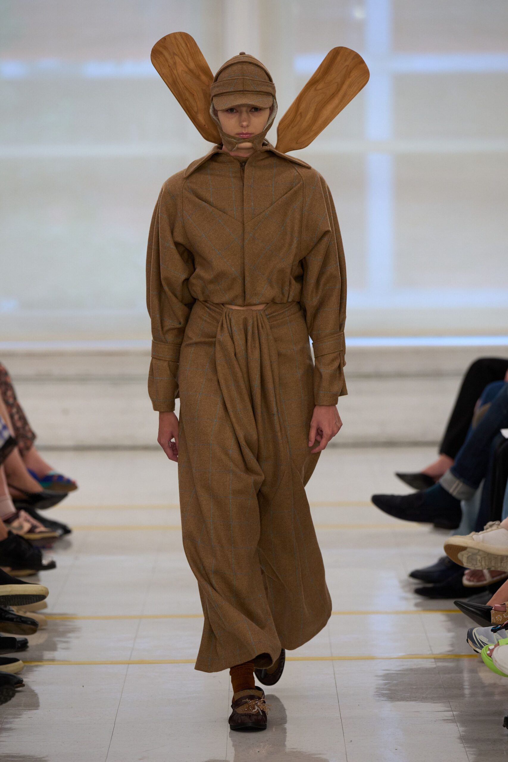 brown checked draped jumpsuit