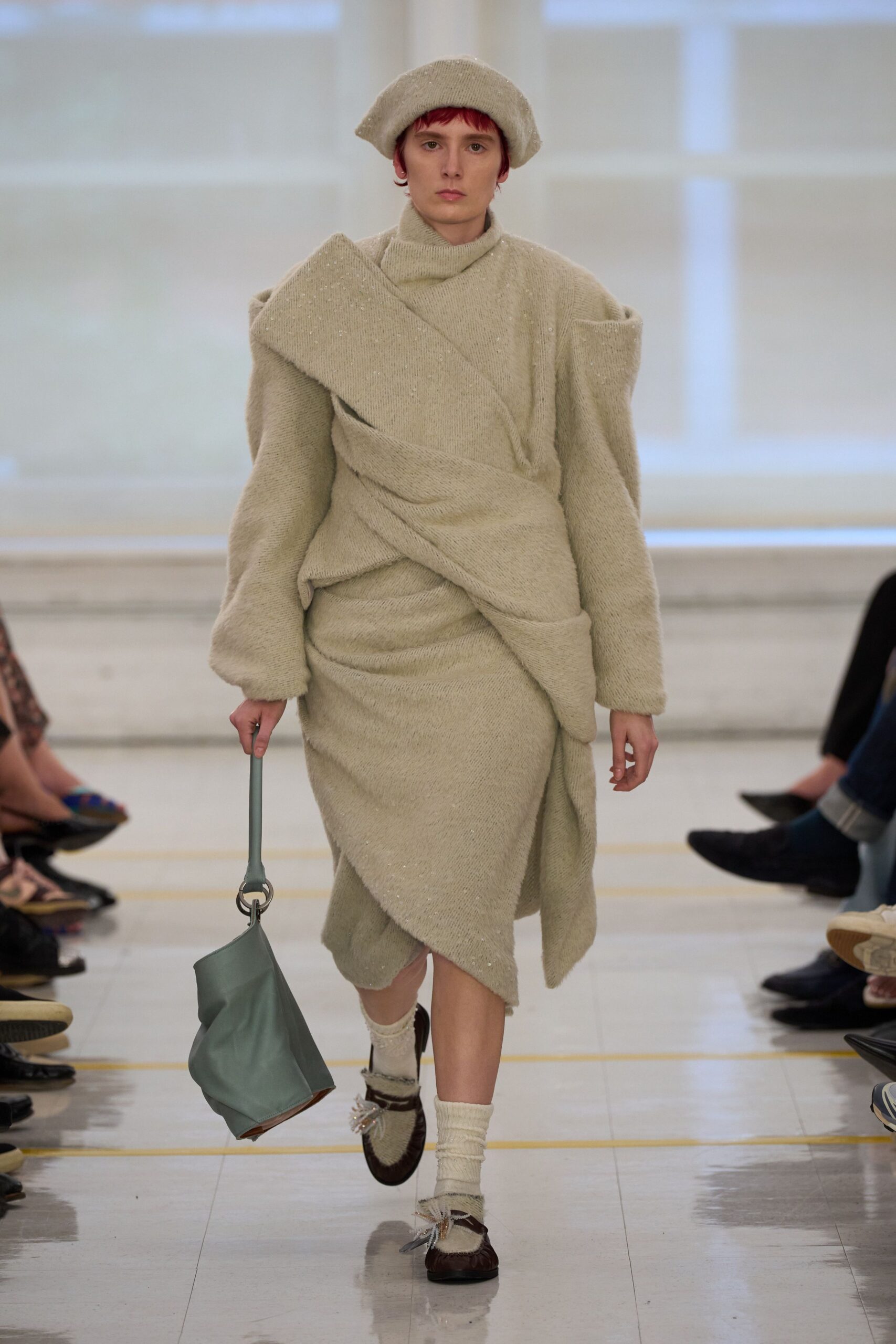 sculptural draped knit turtleneck dress