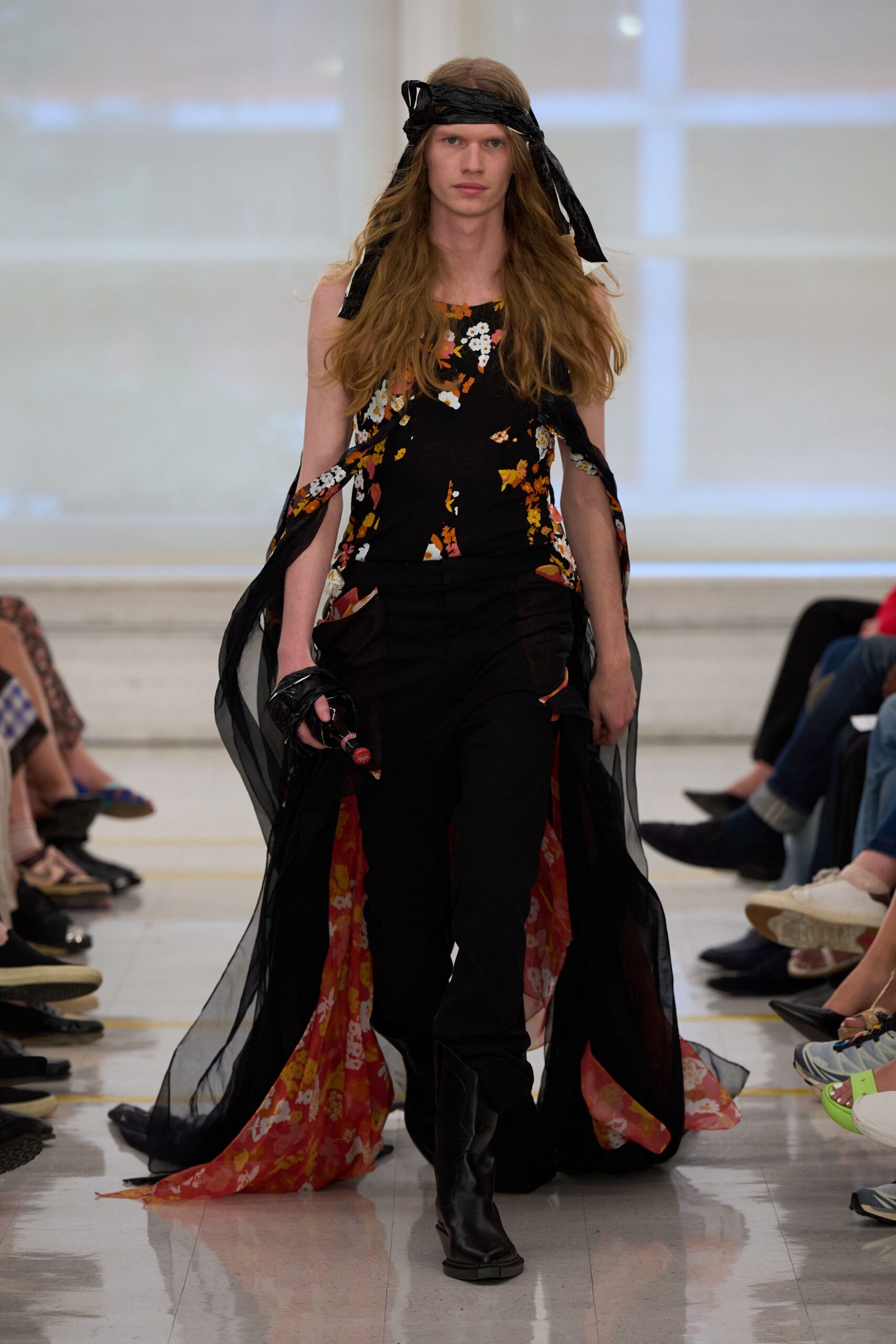 black floral chiffon gown with train