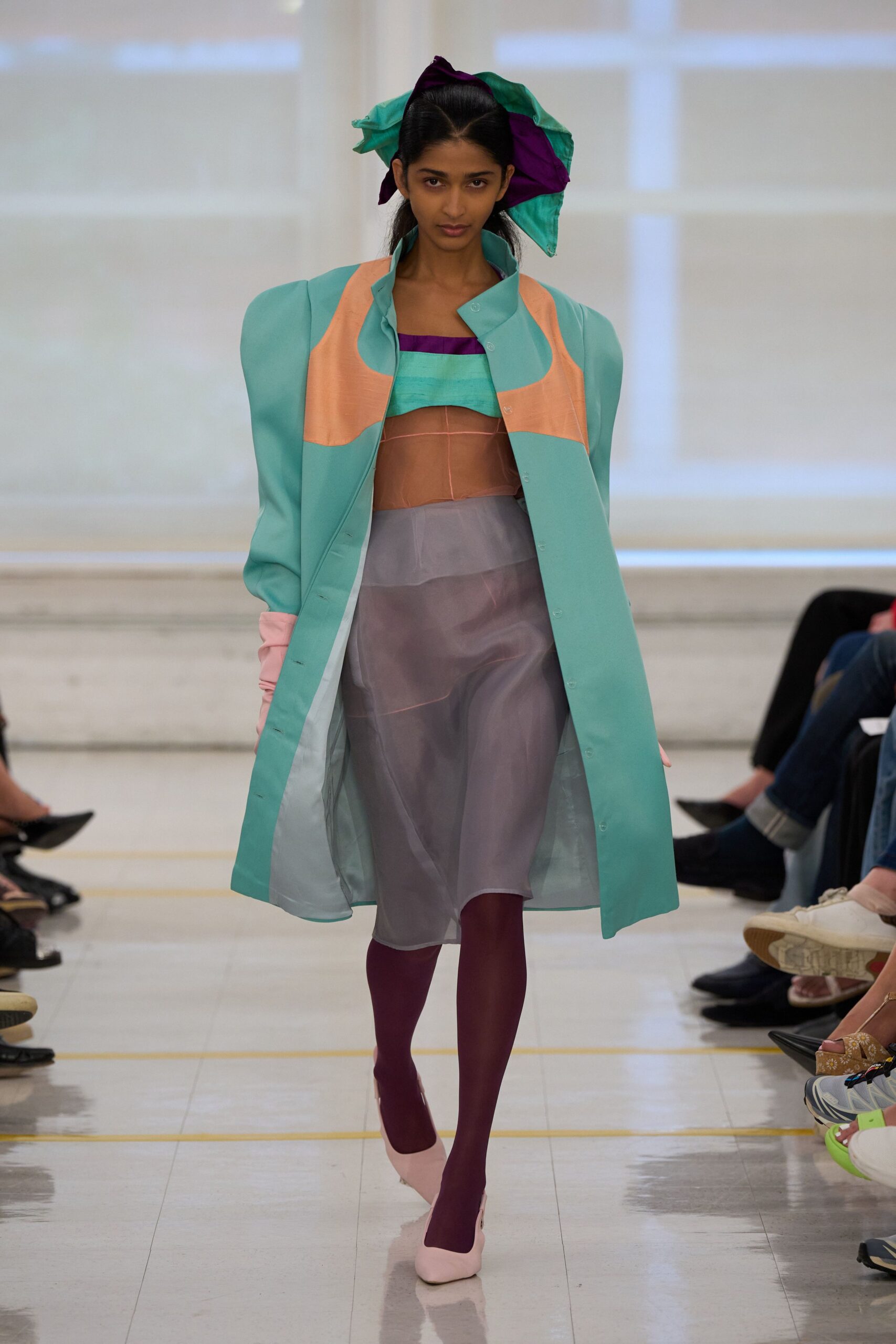 color-blocked structured teal coat