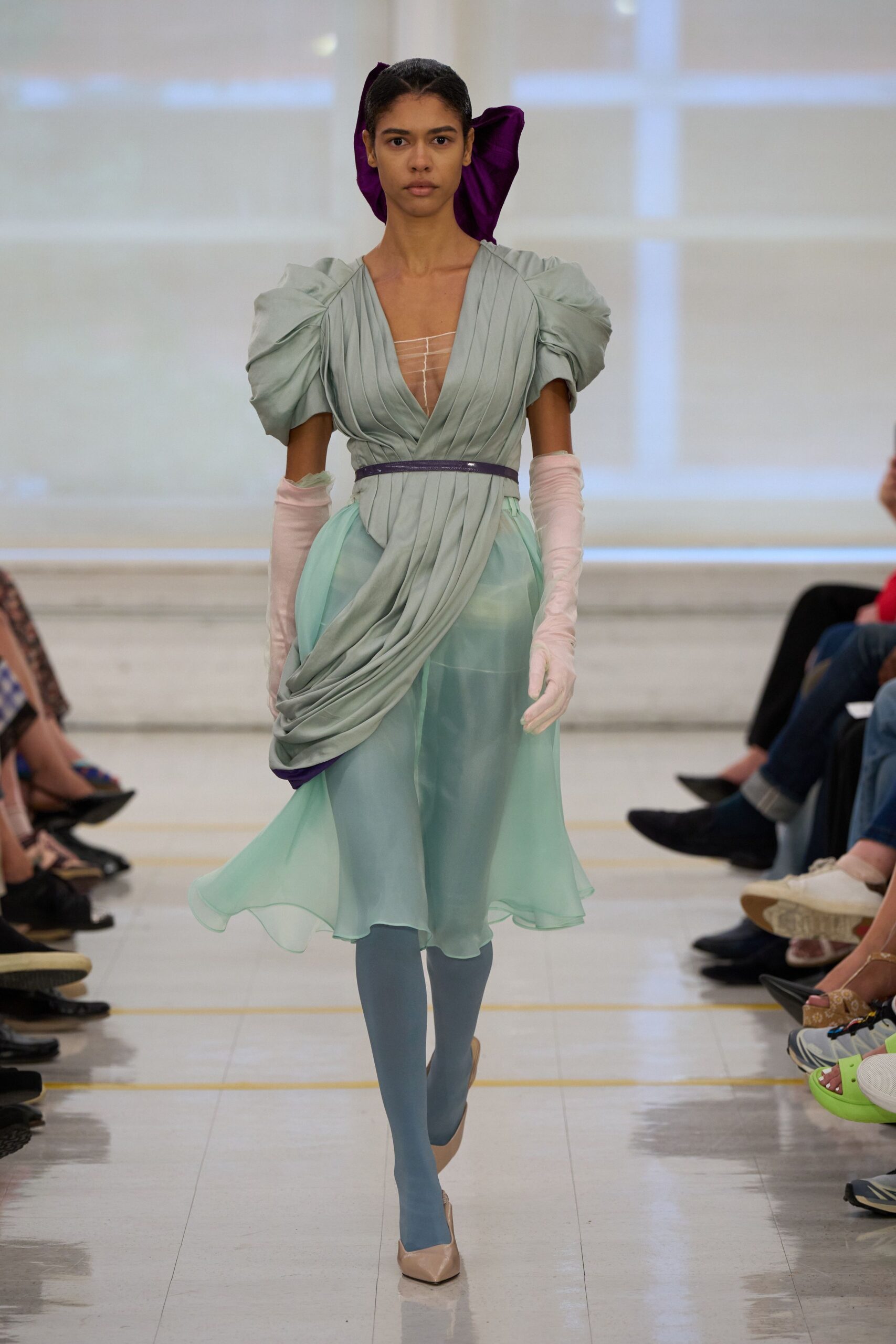 draped puff-sleeve chiffon midi dress