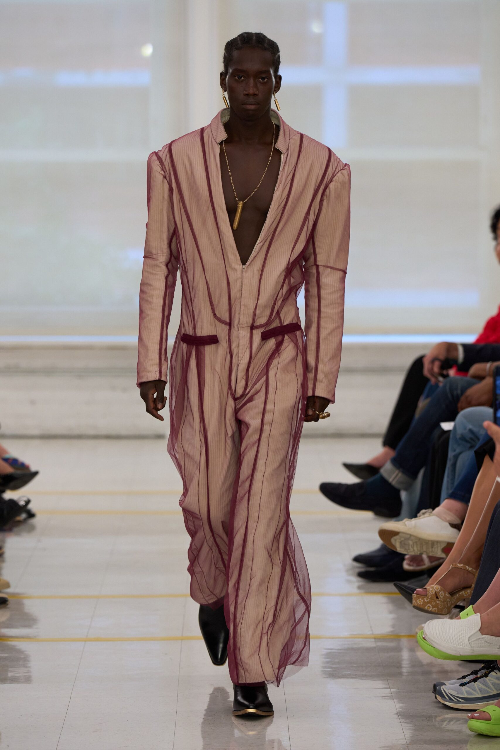 sheer striped organza cape over jumpsuit