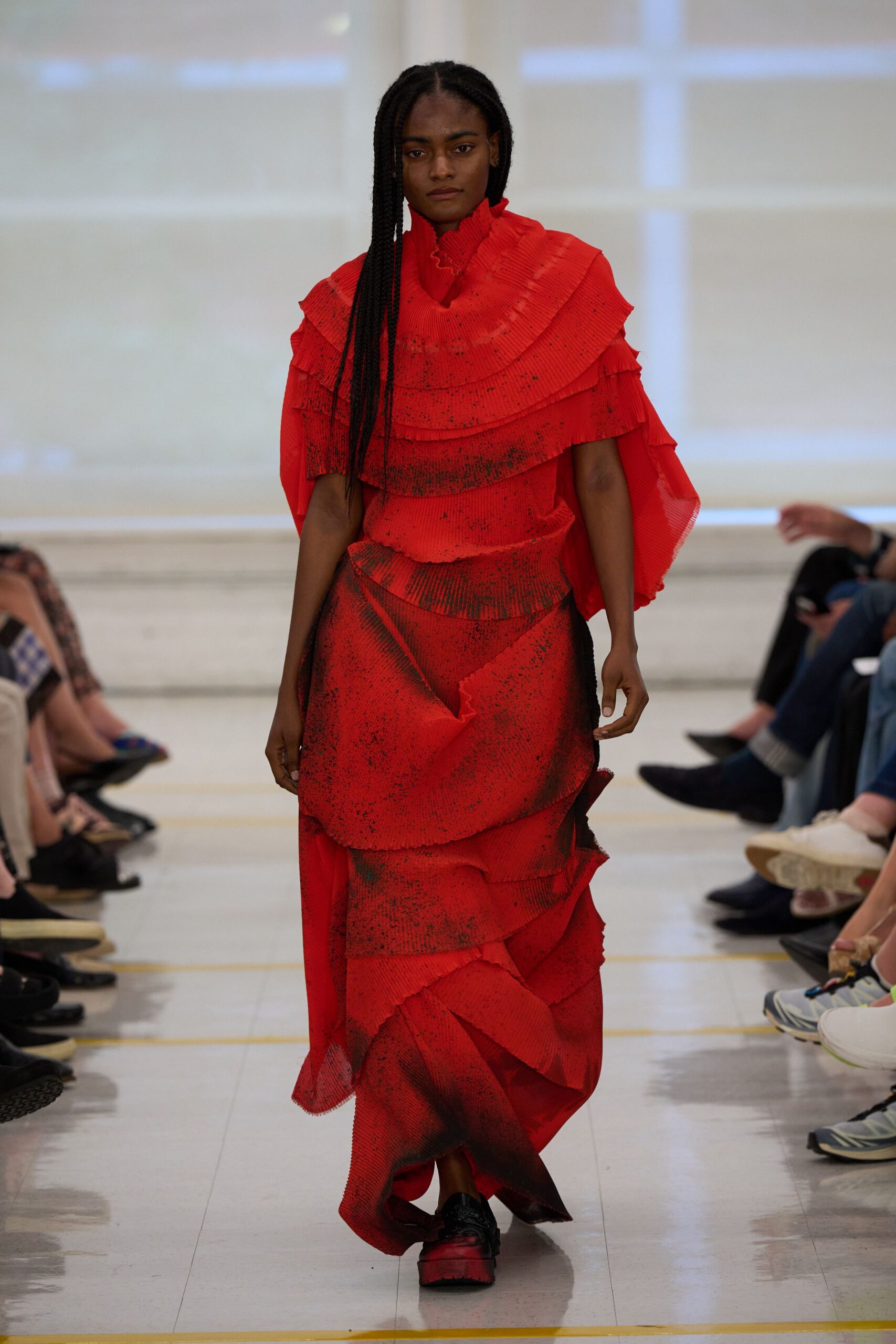ruffled red evening gown