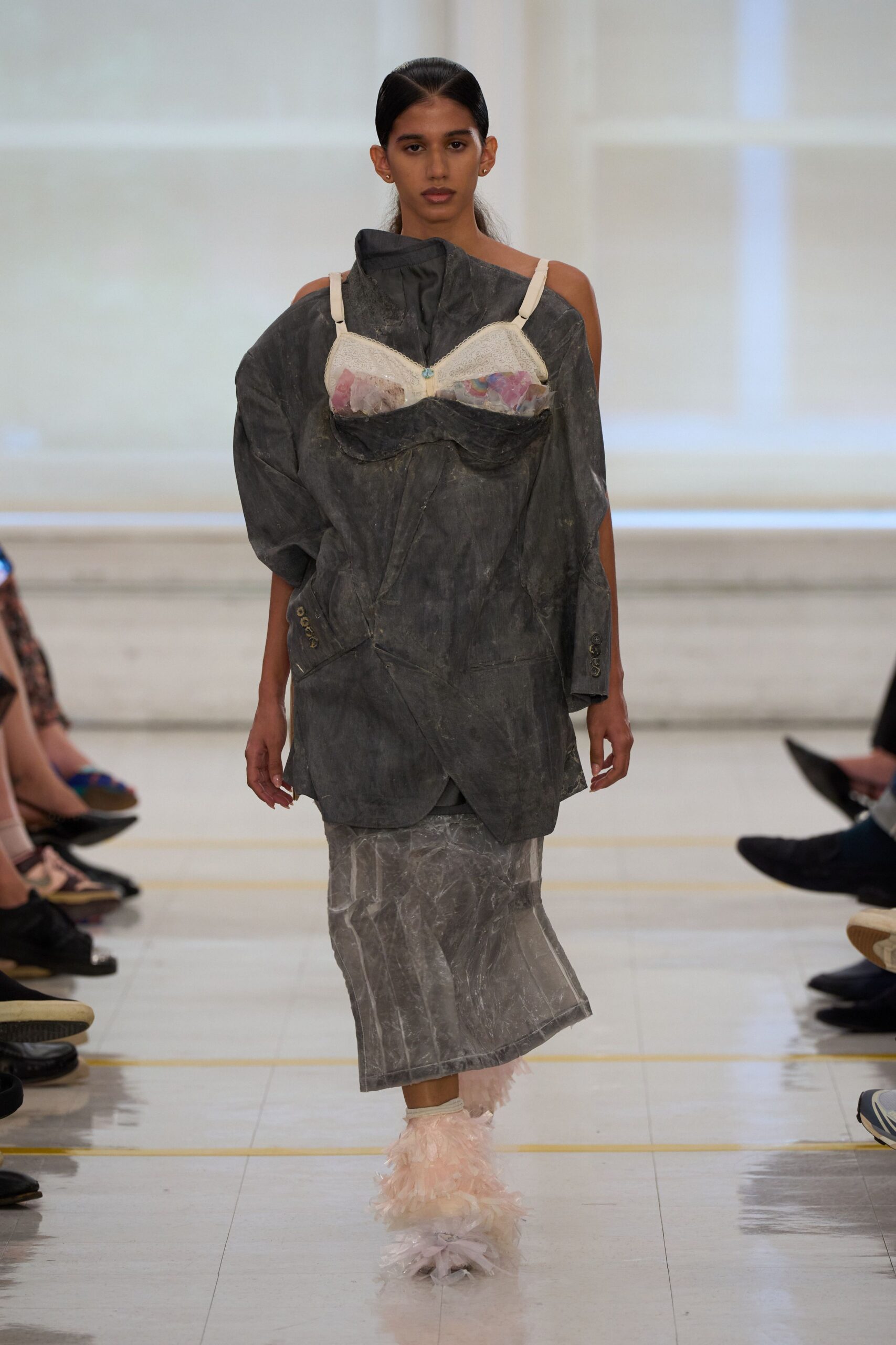 deconstructed oversized blazer with lace bustier