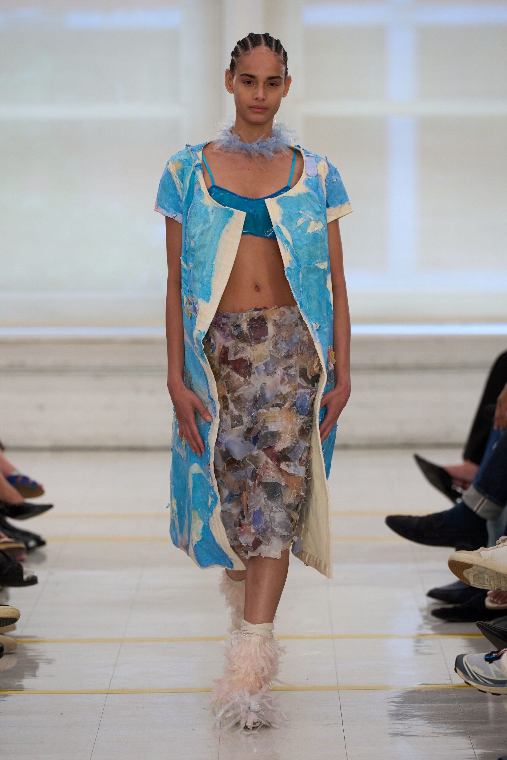 blue abstract open-front duster jacket