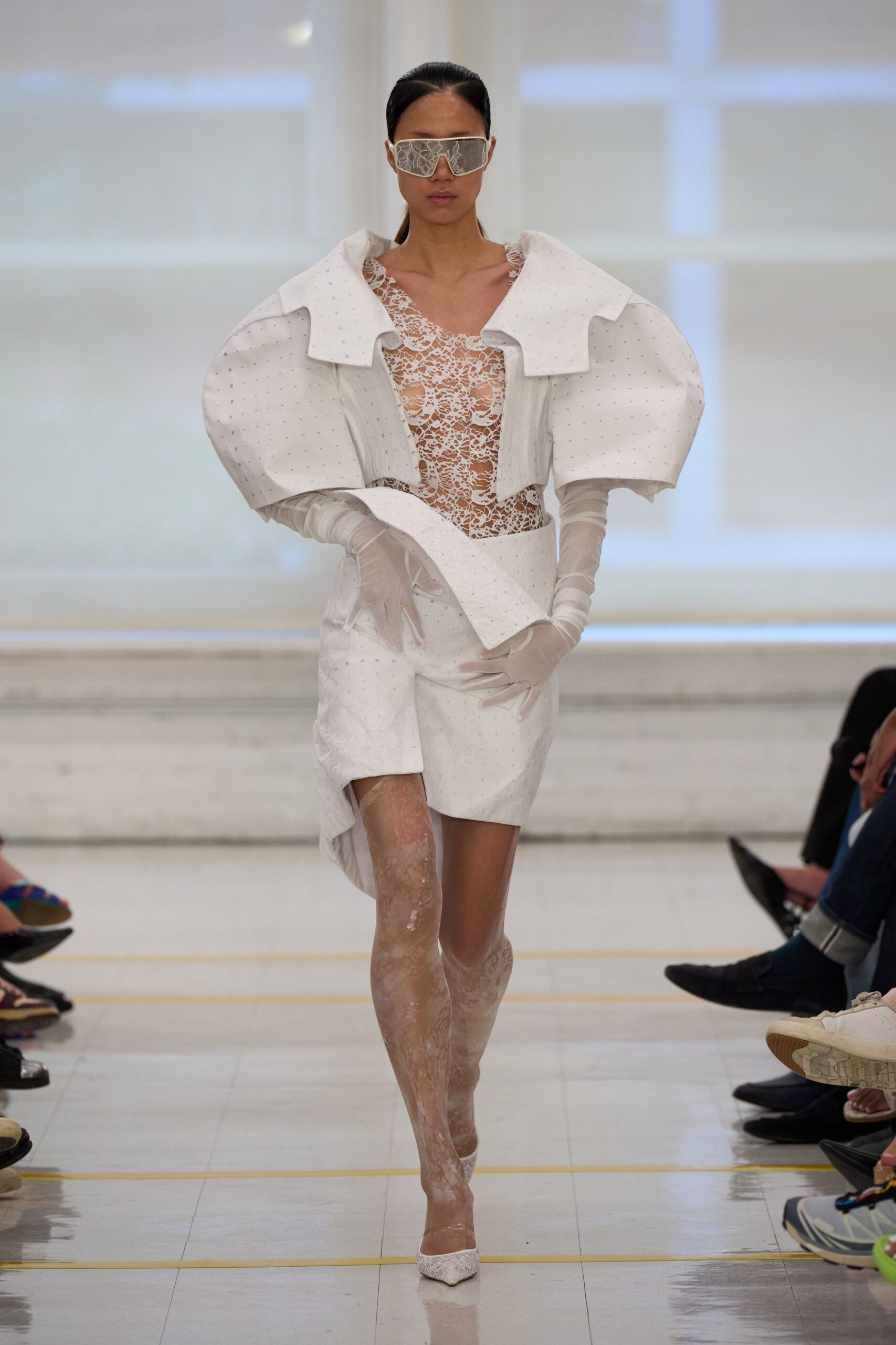 sculptural white lace mini dress