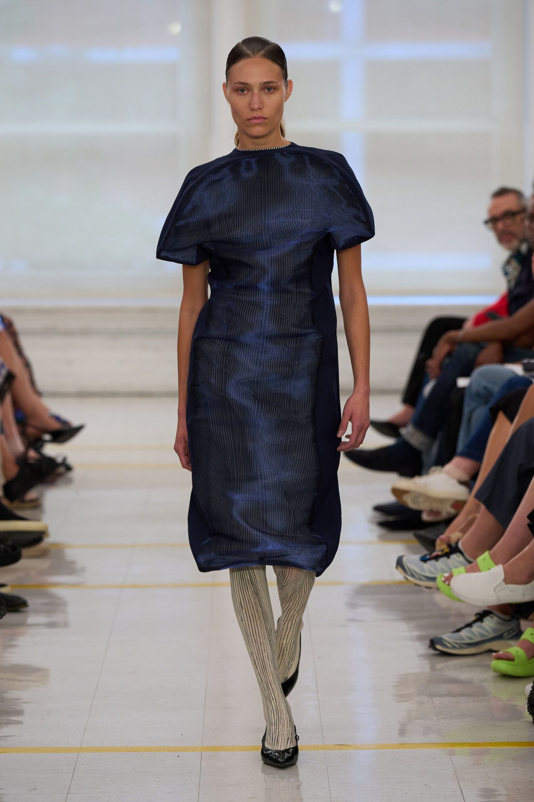 sculptural striped cocoon midi dress