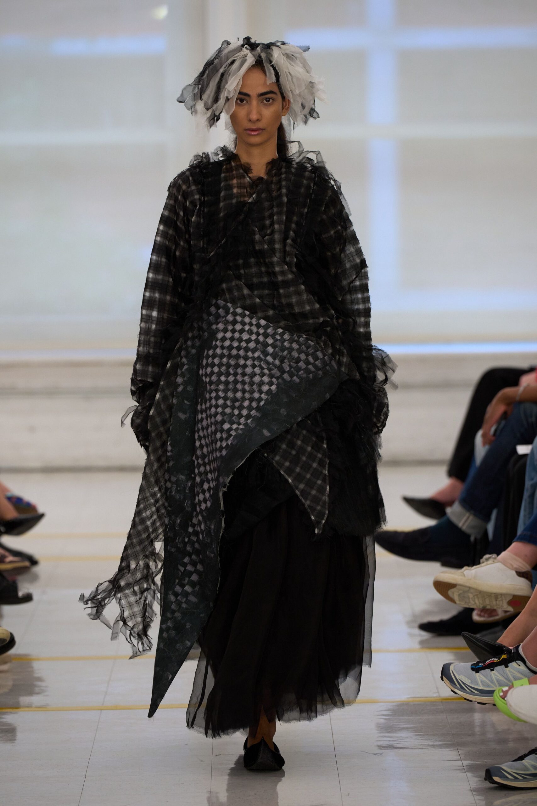 deconstructed checked chiffon maxi dress