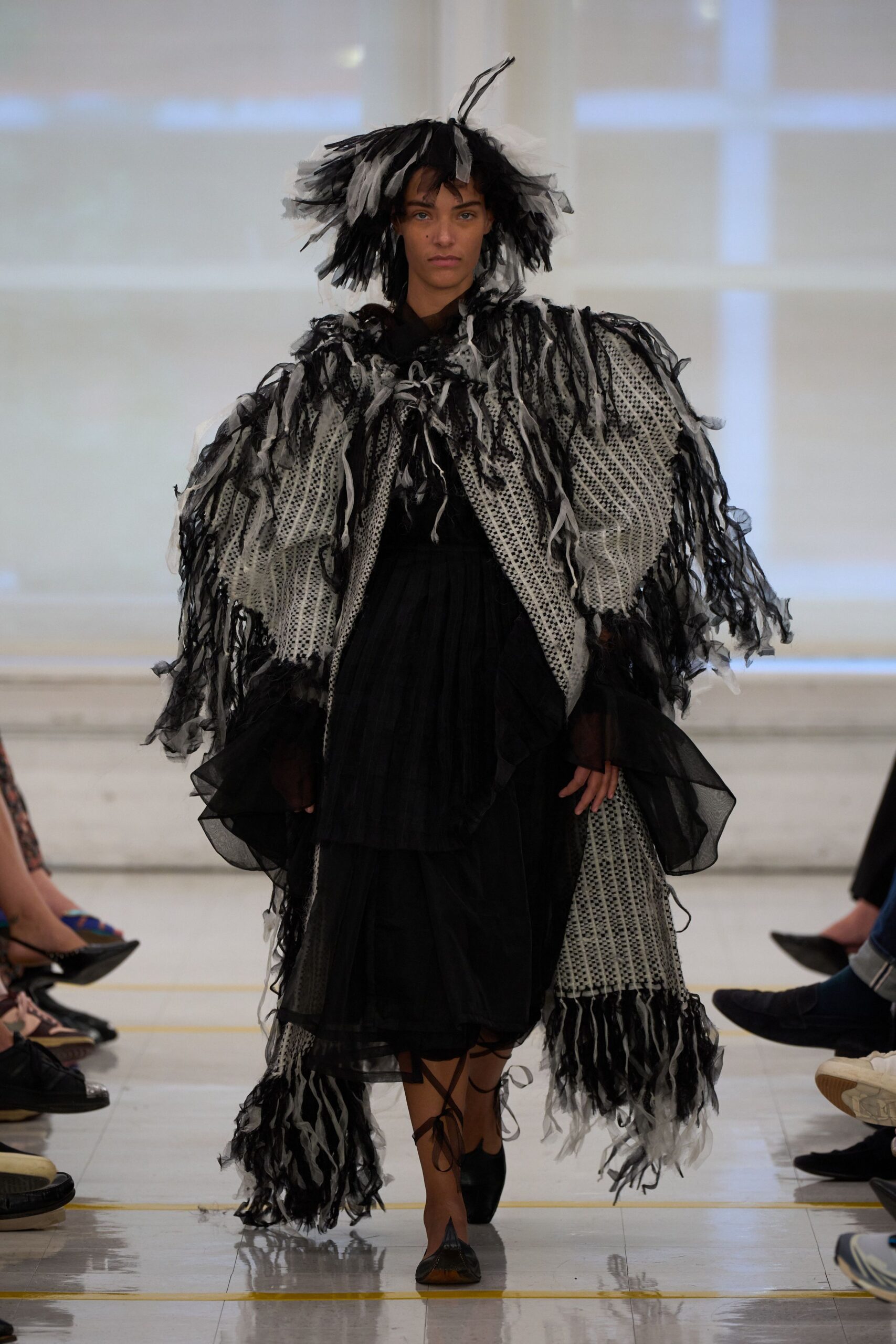black and white shaggy ribbon coat