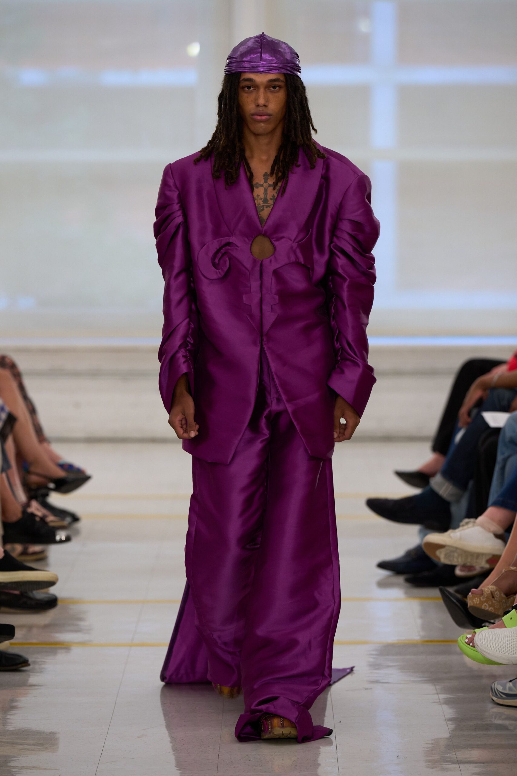 sculptural purple satin cutout jacket