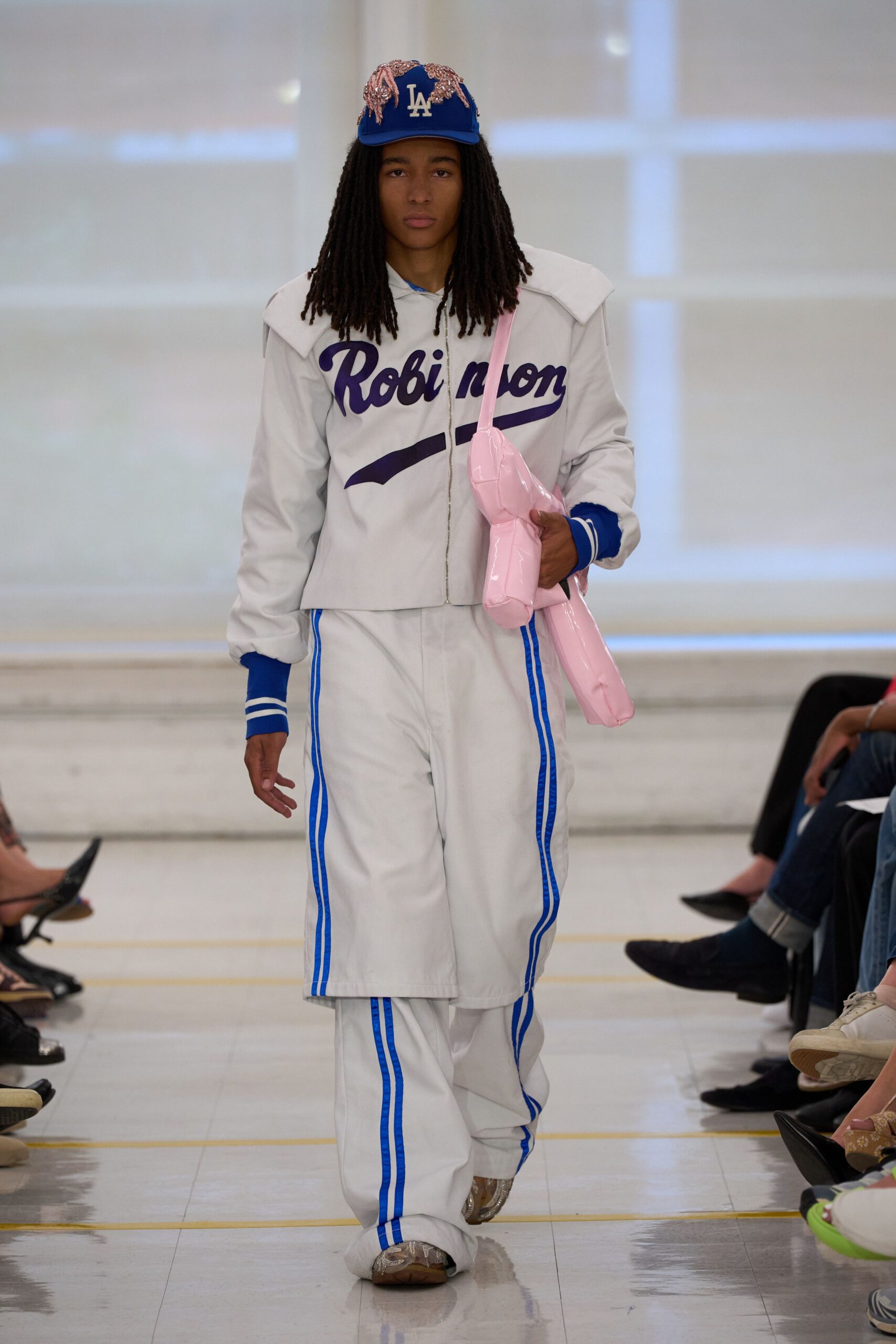 white baseball jacket with script logo