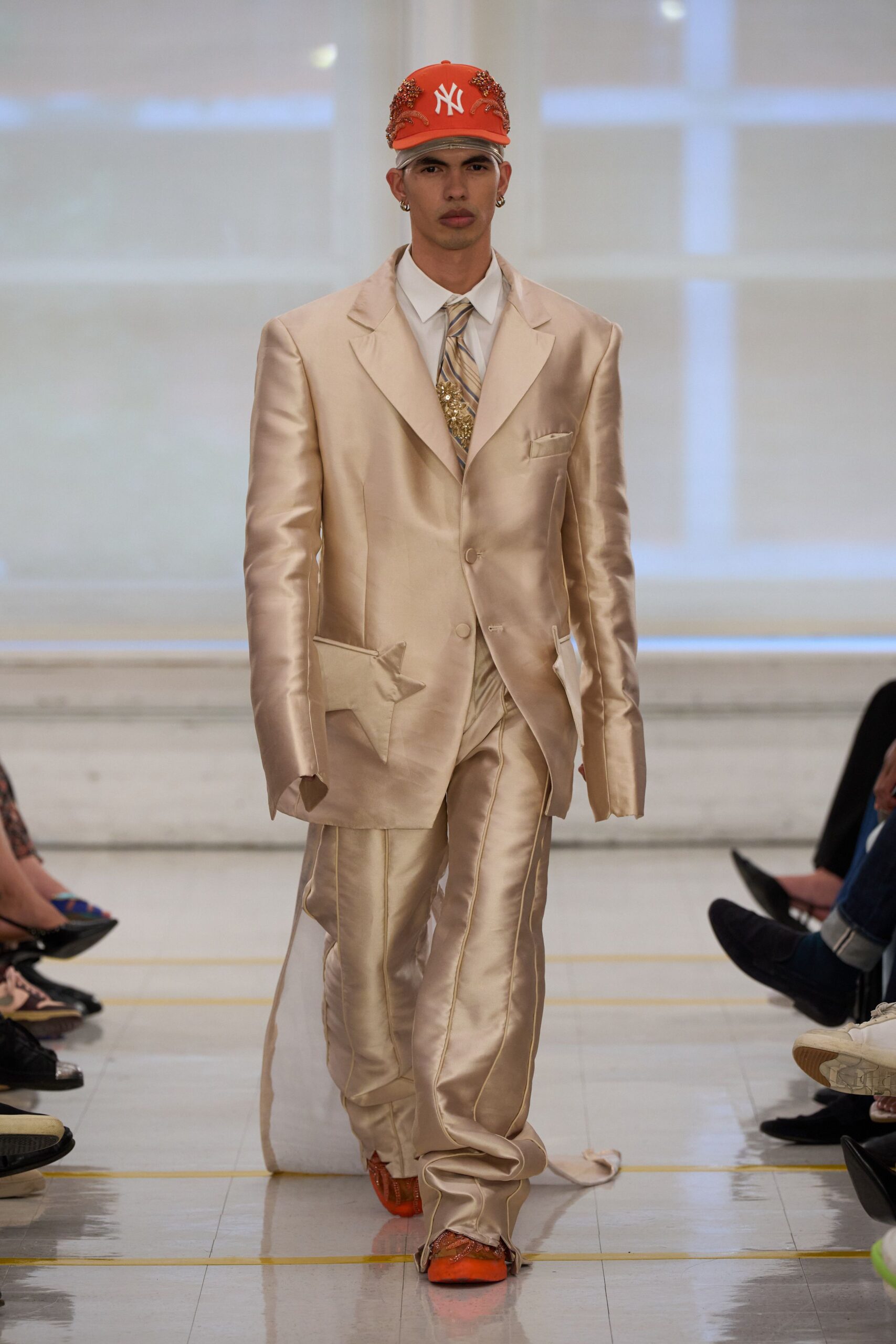 champagne satin blazer and trousers