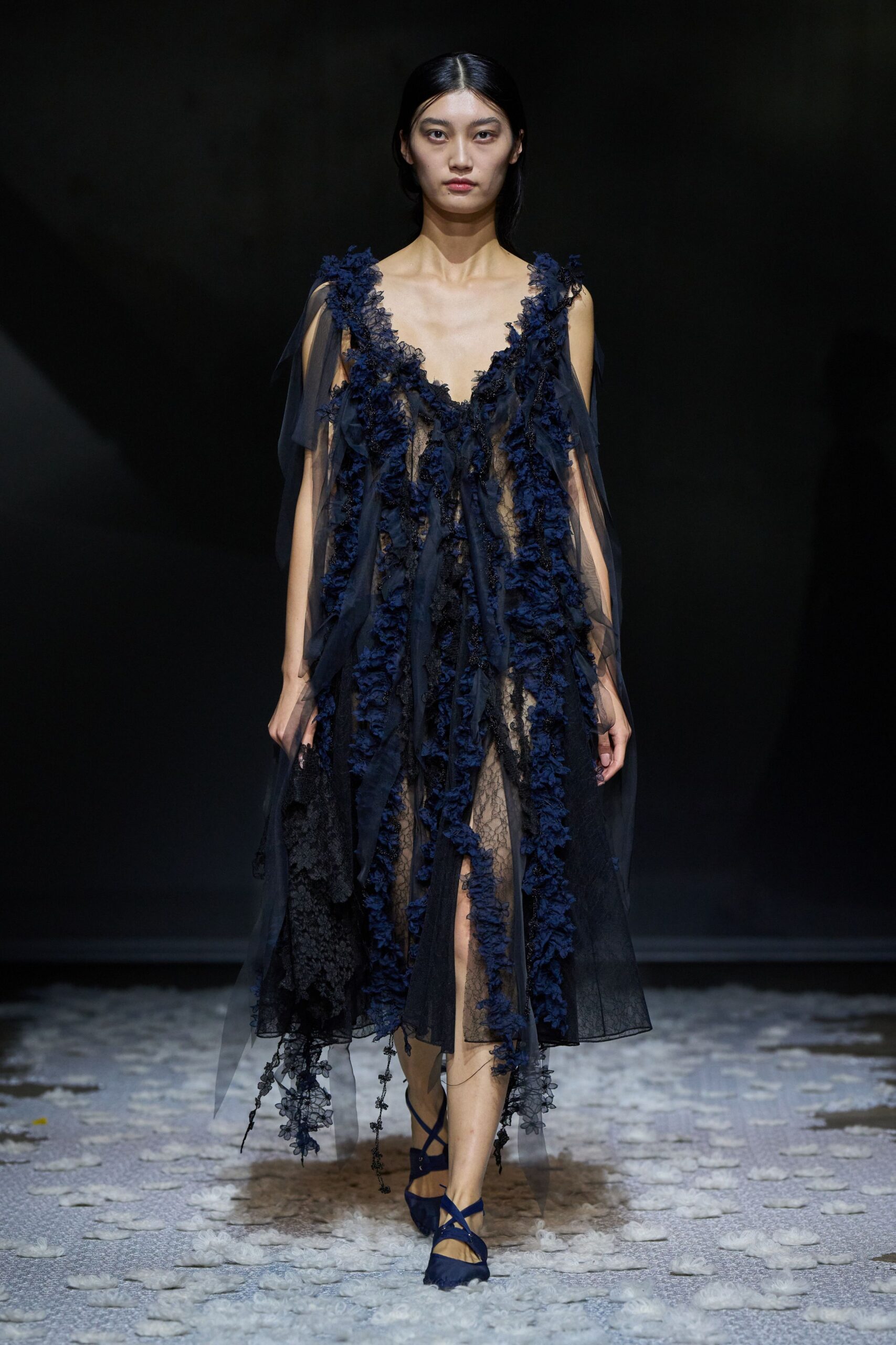 Midnight tulle dress with plunging V, crusted in ruffled floral appliqué. Nude lace slip flickering through the sheer panels. Navy wrap flats with crossed ribbons at the ankle. Crossing a winter garden after dark, petals stuck to the path.