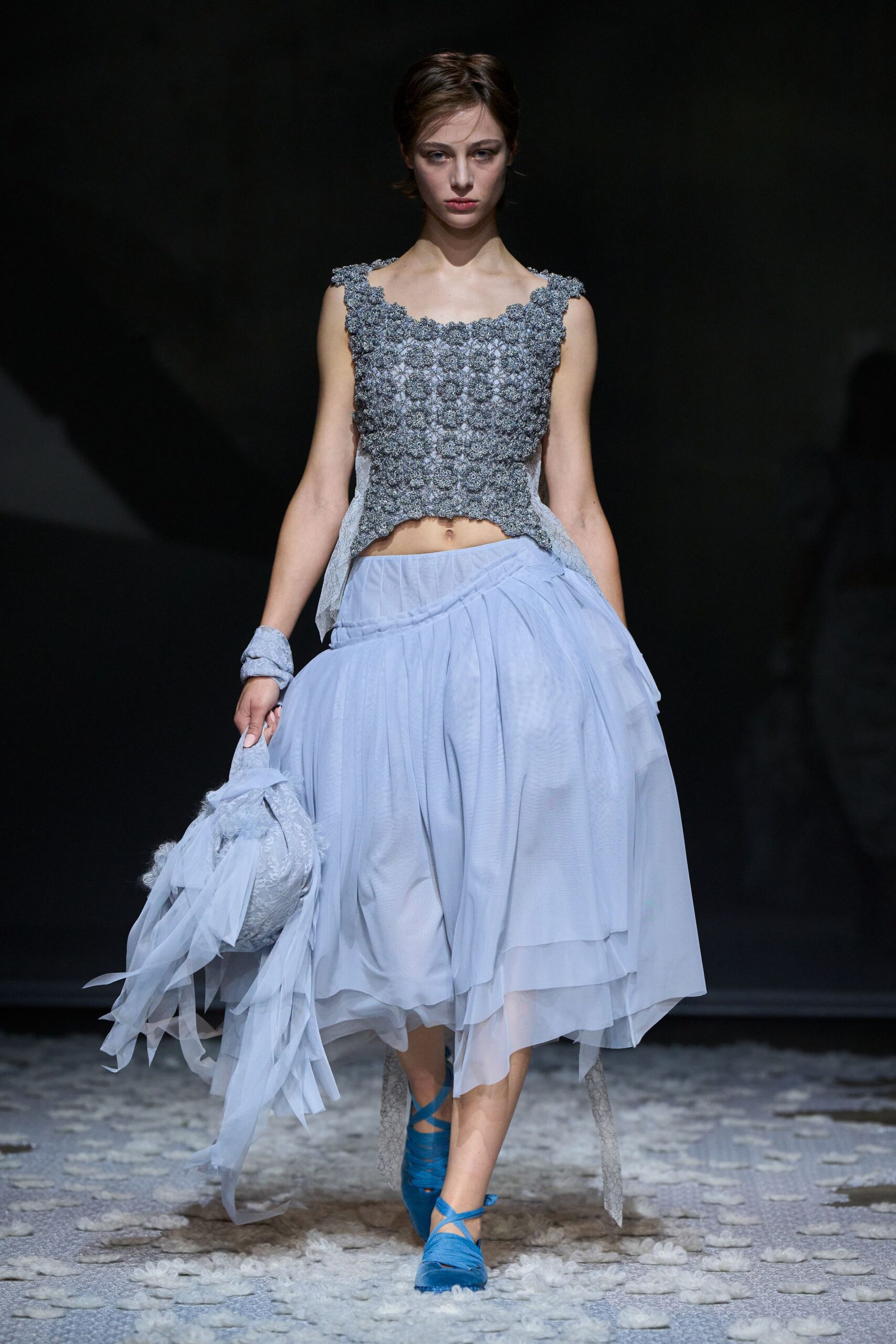 blue tulle embellished sheer textured bag