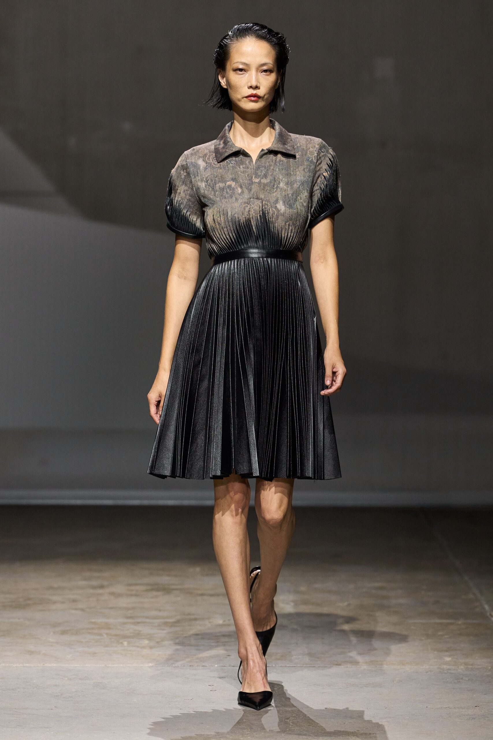 pleated leather fit-and-flare dress