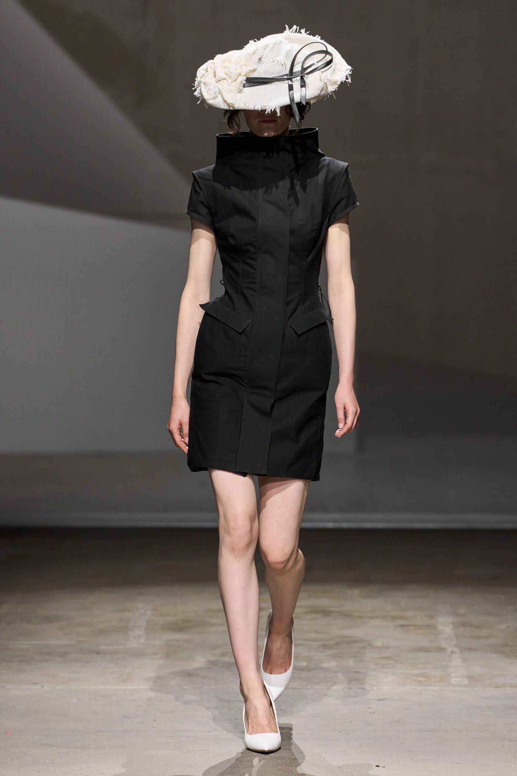 black architectural collar mini dress