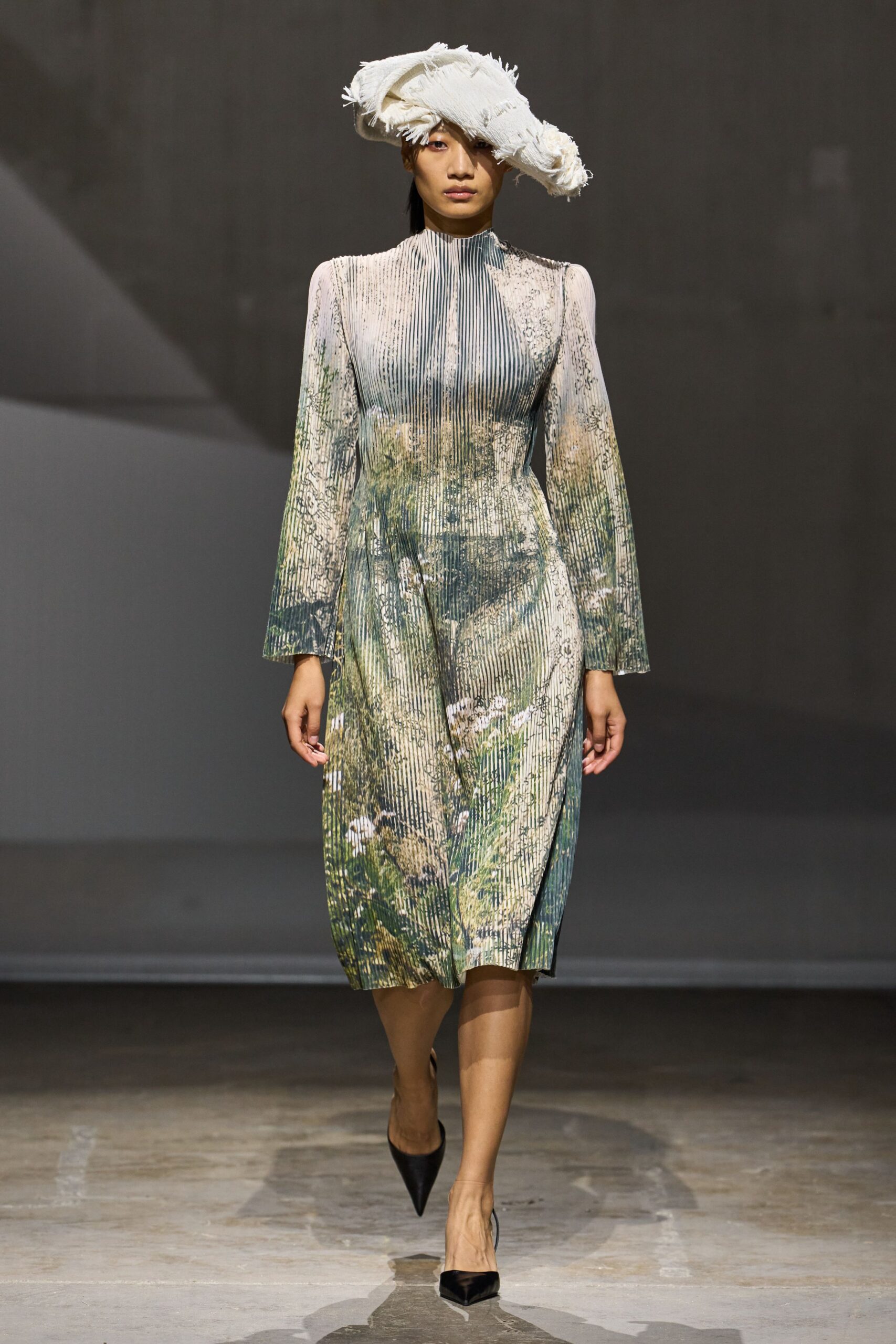 pleated landscape-print high-neck midi dress