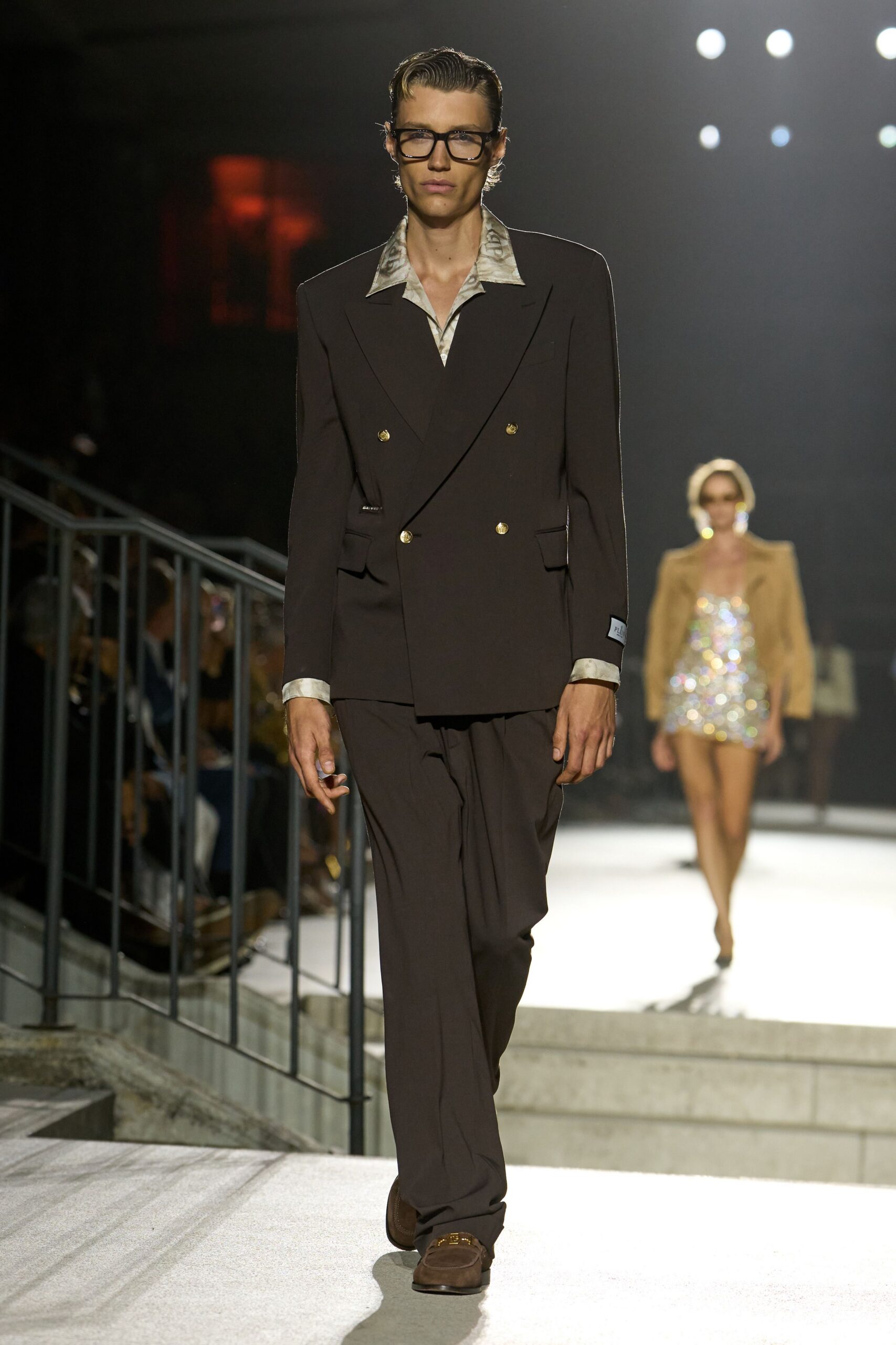 double-breasted brown blazer