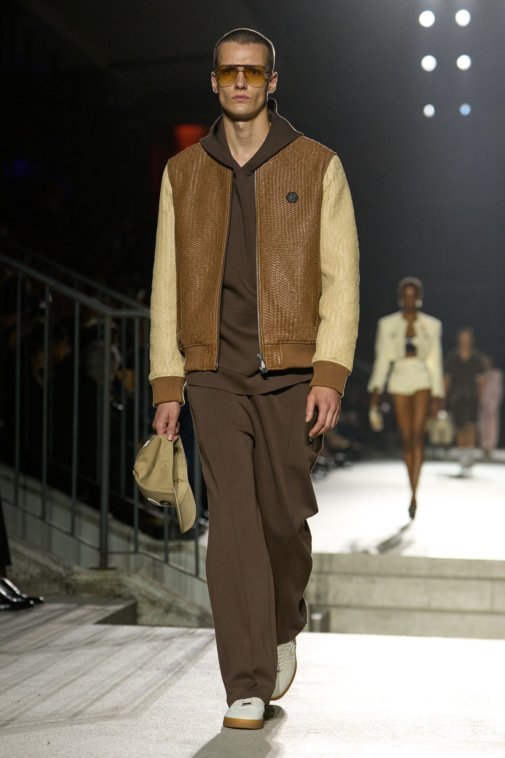 two-tone leather bomber jacket