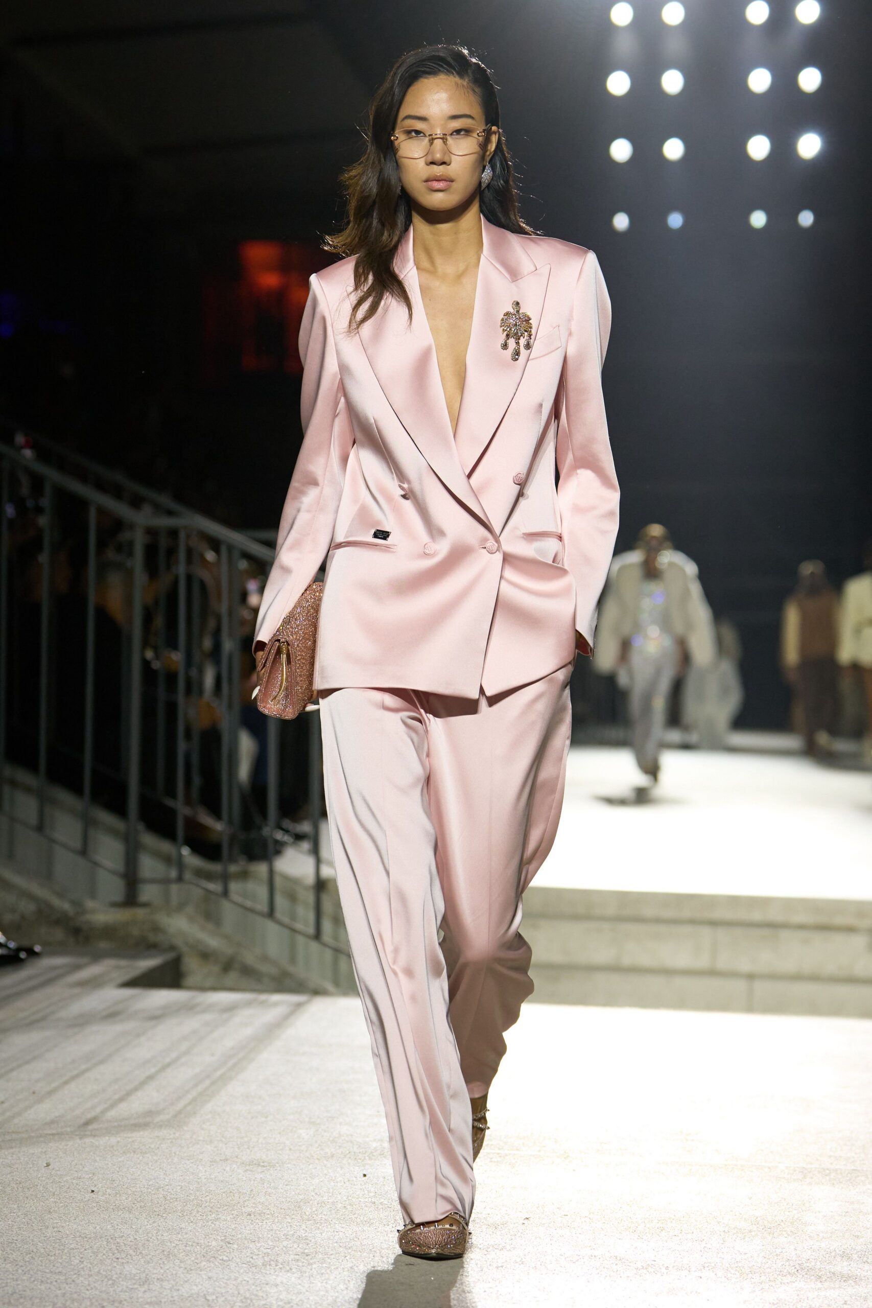 pink satin double-breasted pantsuit