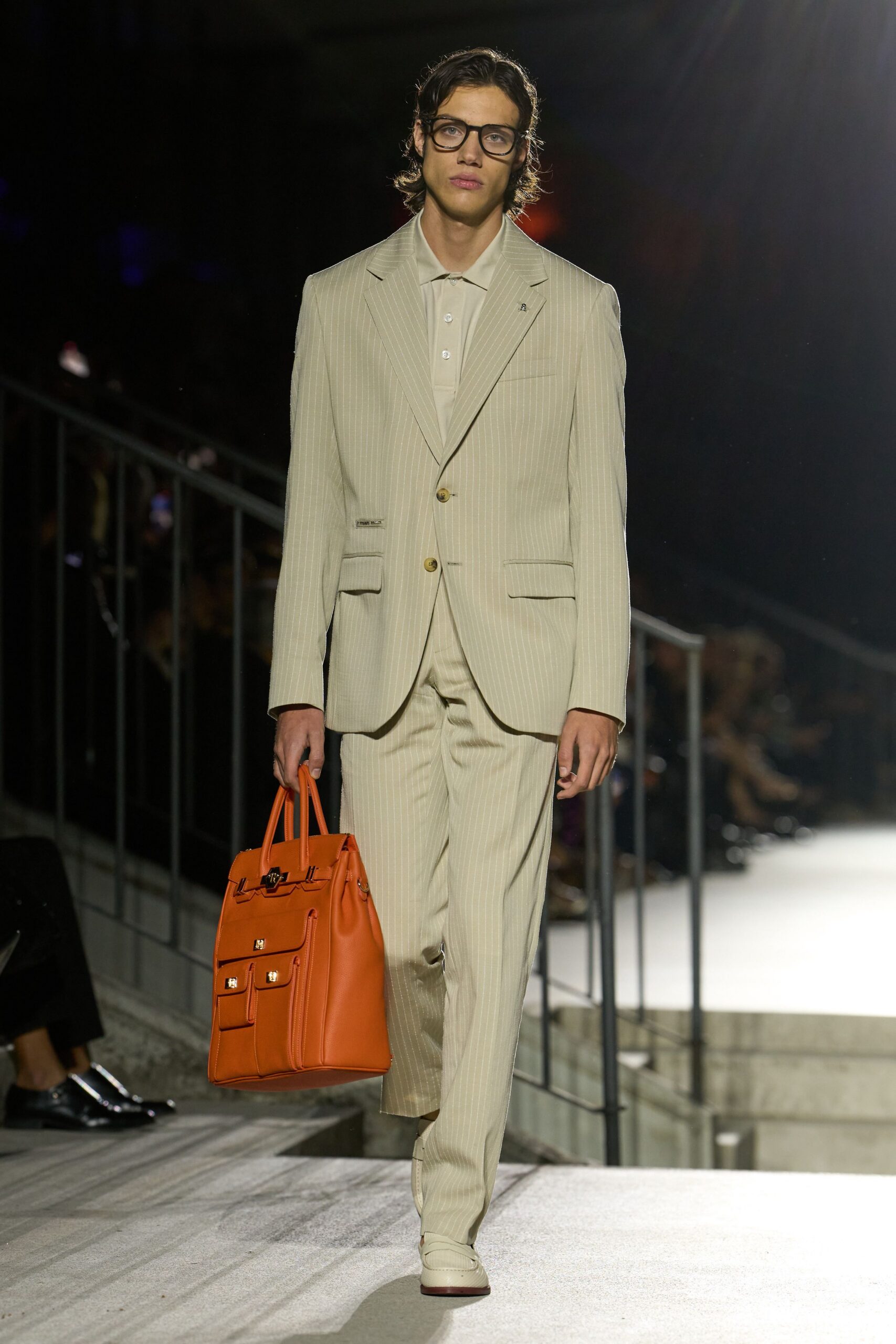 beige pinstripe tailored blazer