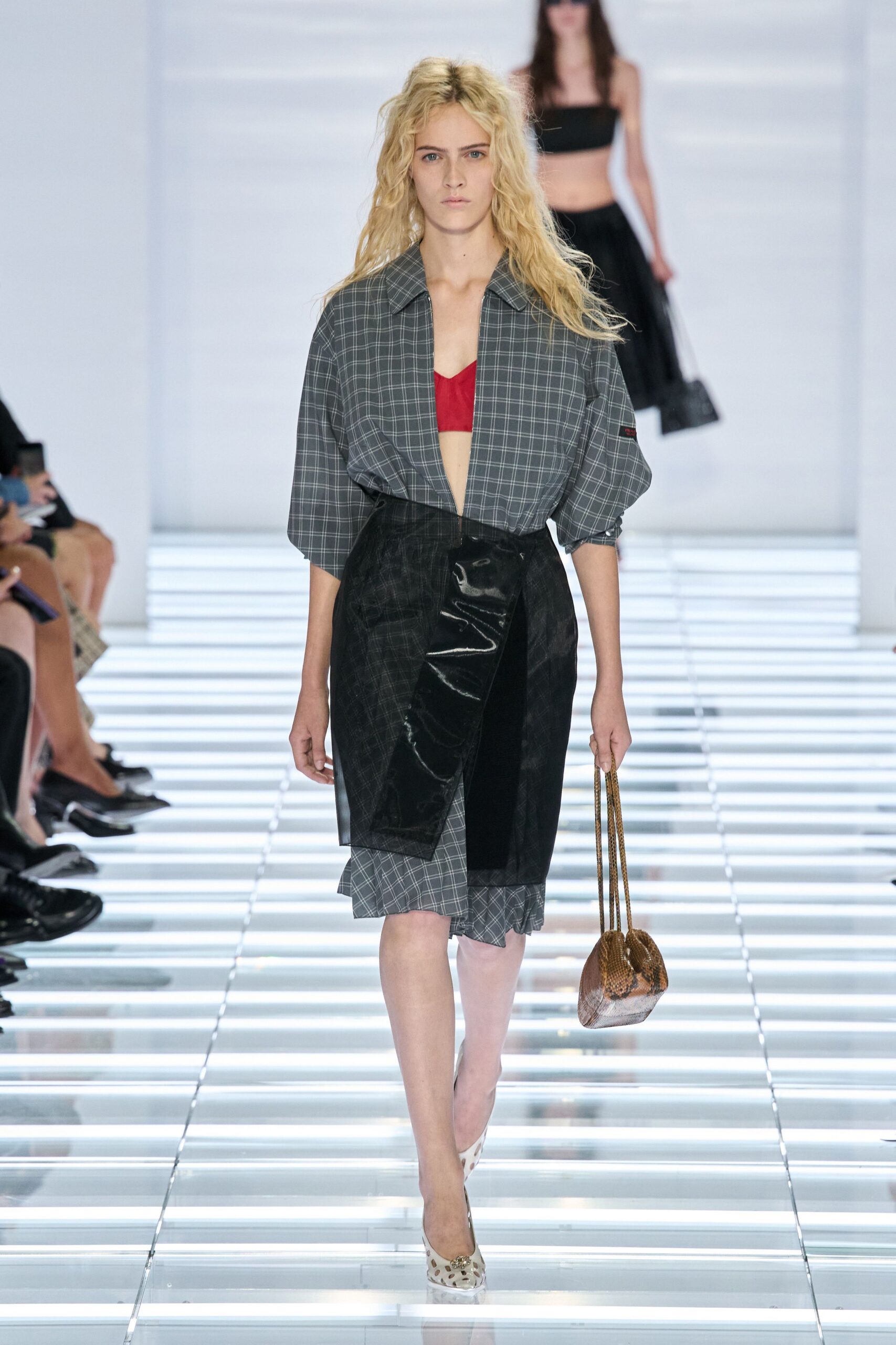 asymmetric vinyl panel checked skirt
