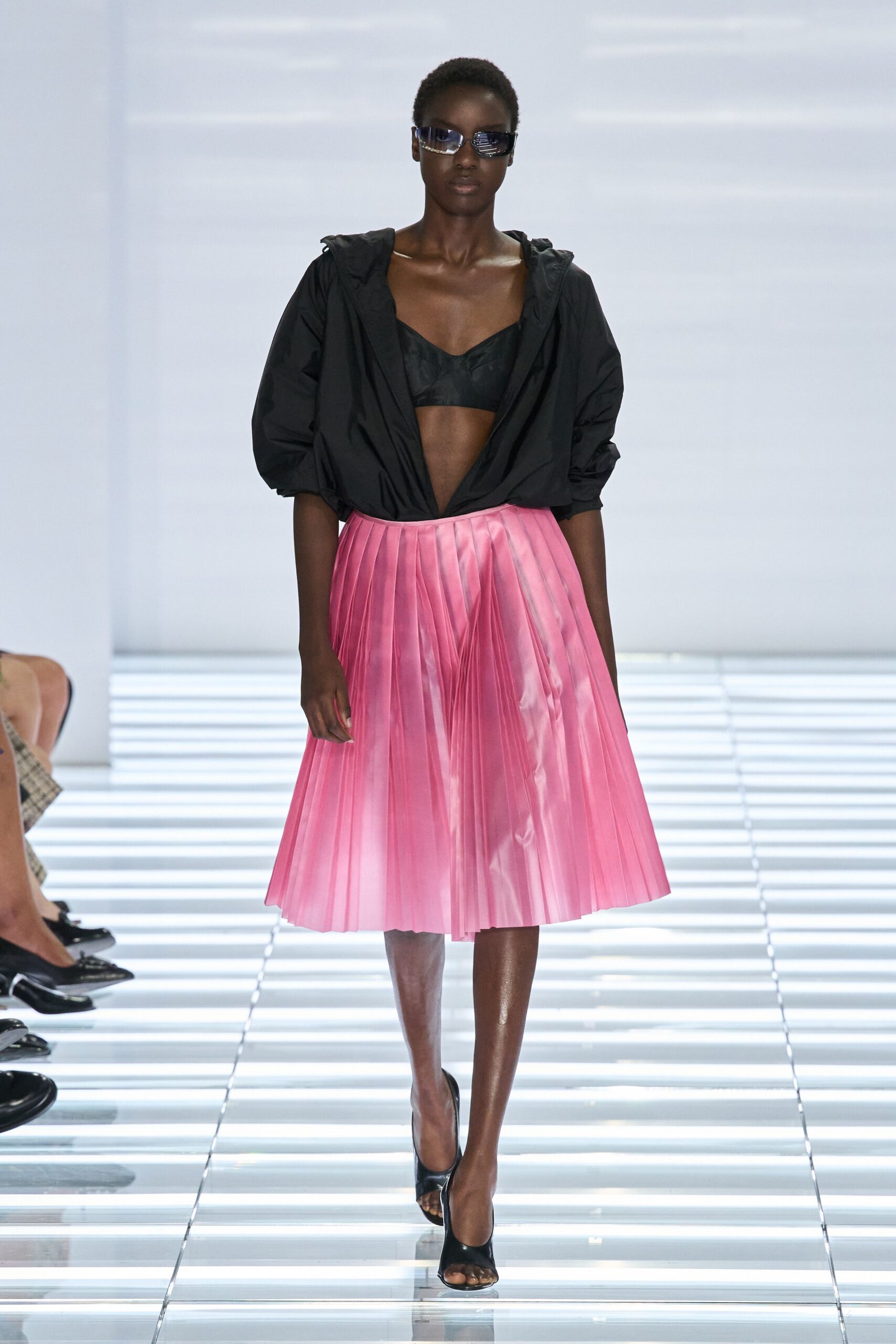 pink satin high-waisted pleated a-line shiny midi skirt