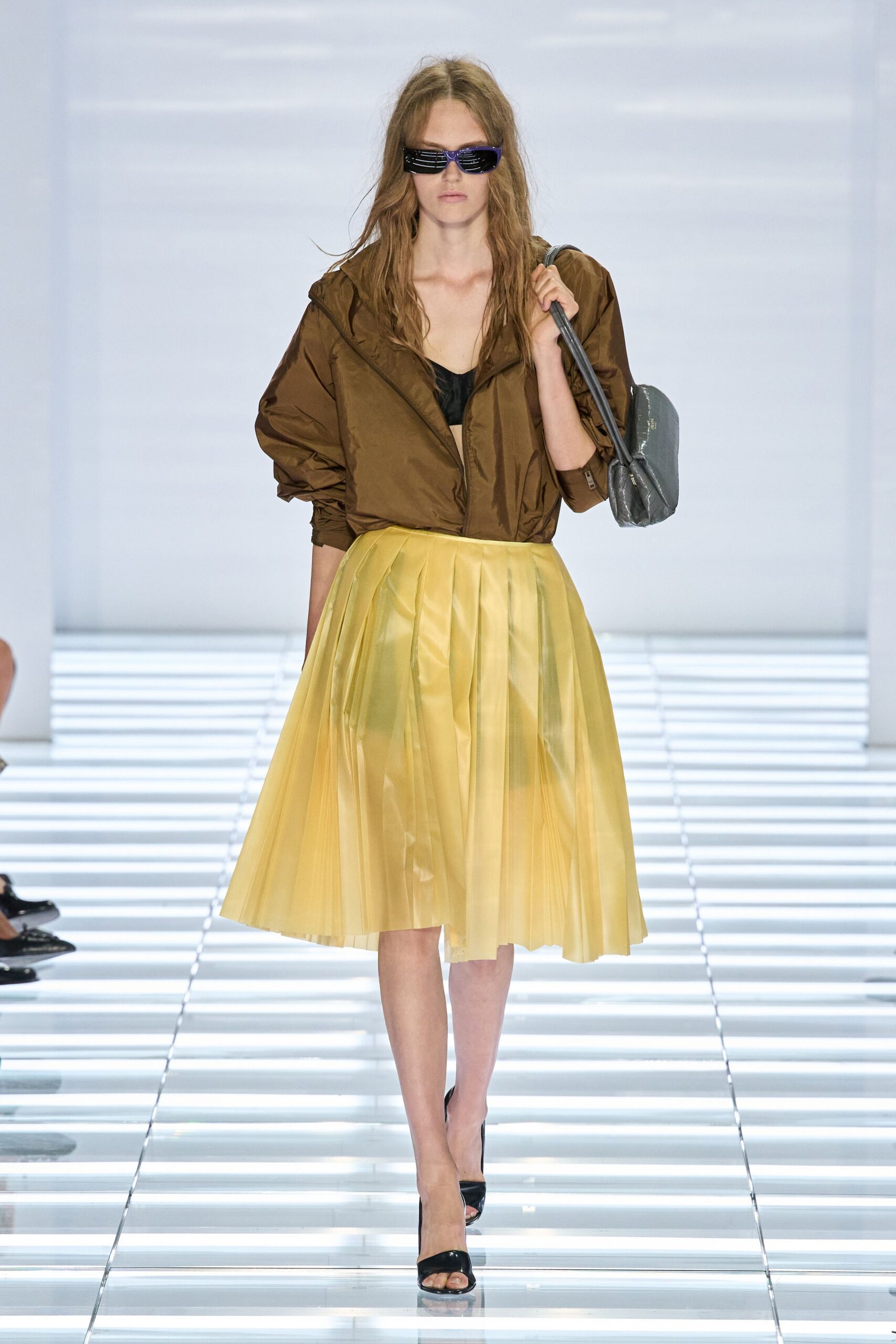 yellow pleated organza midi skirt