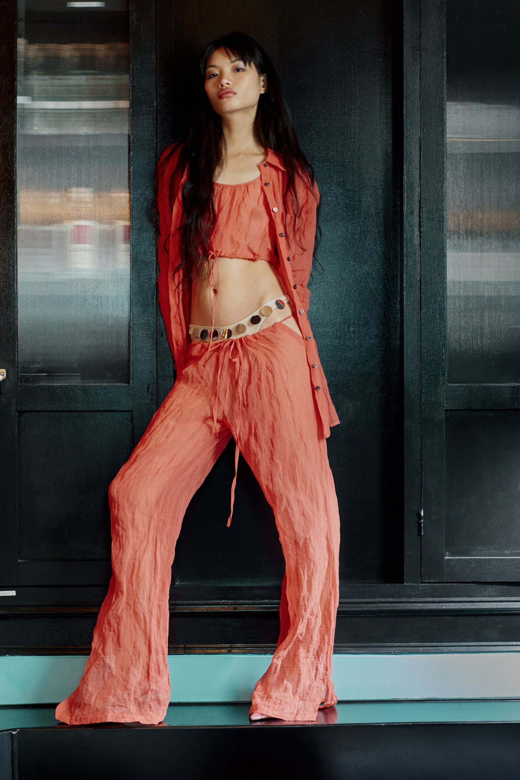 coral unknown drawstring relaxed wide-leg belted pants