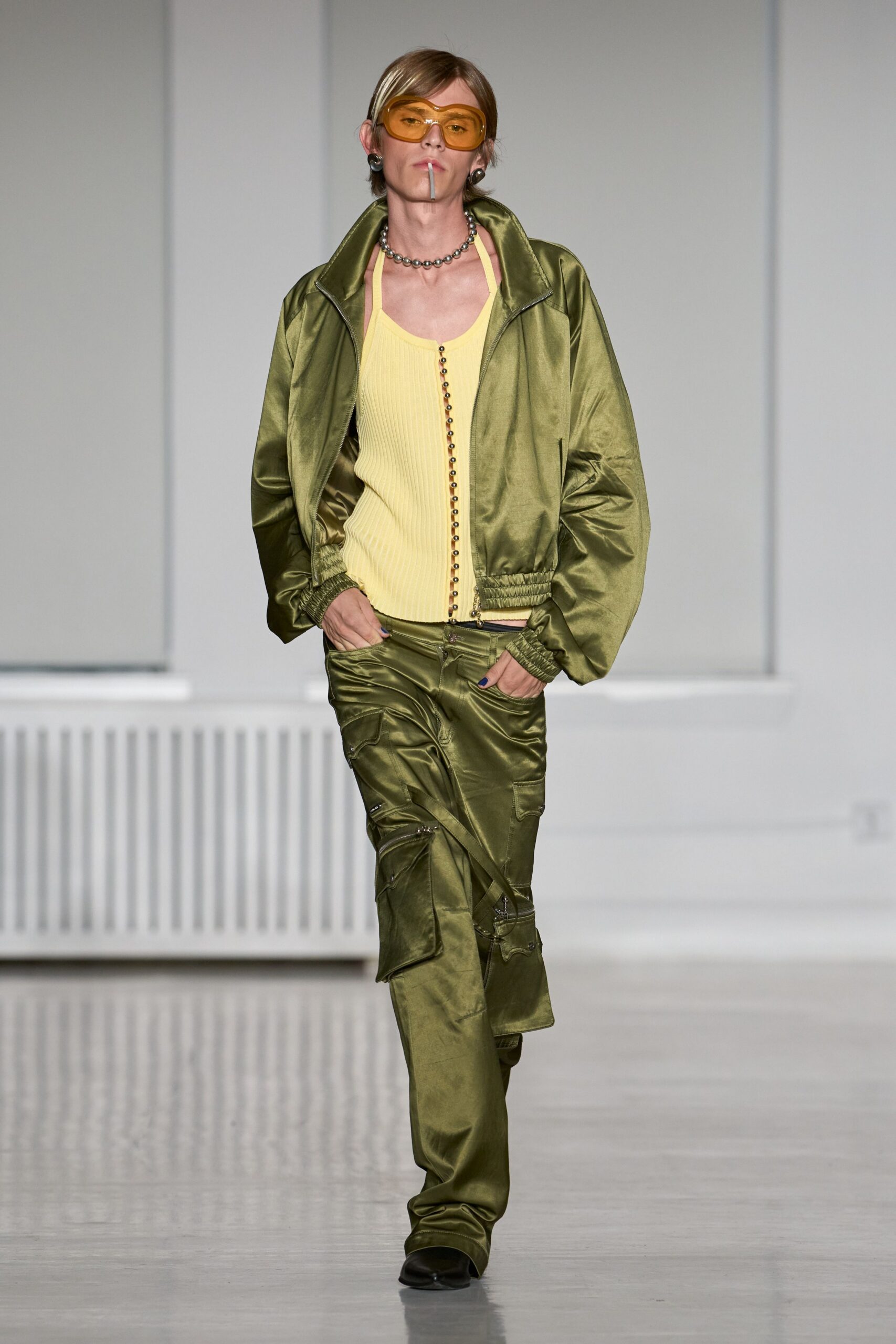 green satin relaxed cargo wide-leg shiny pants