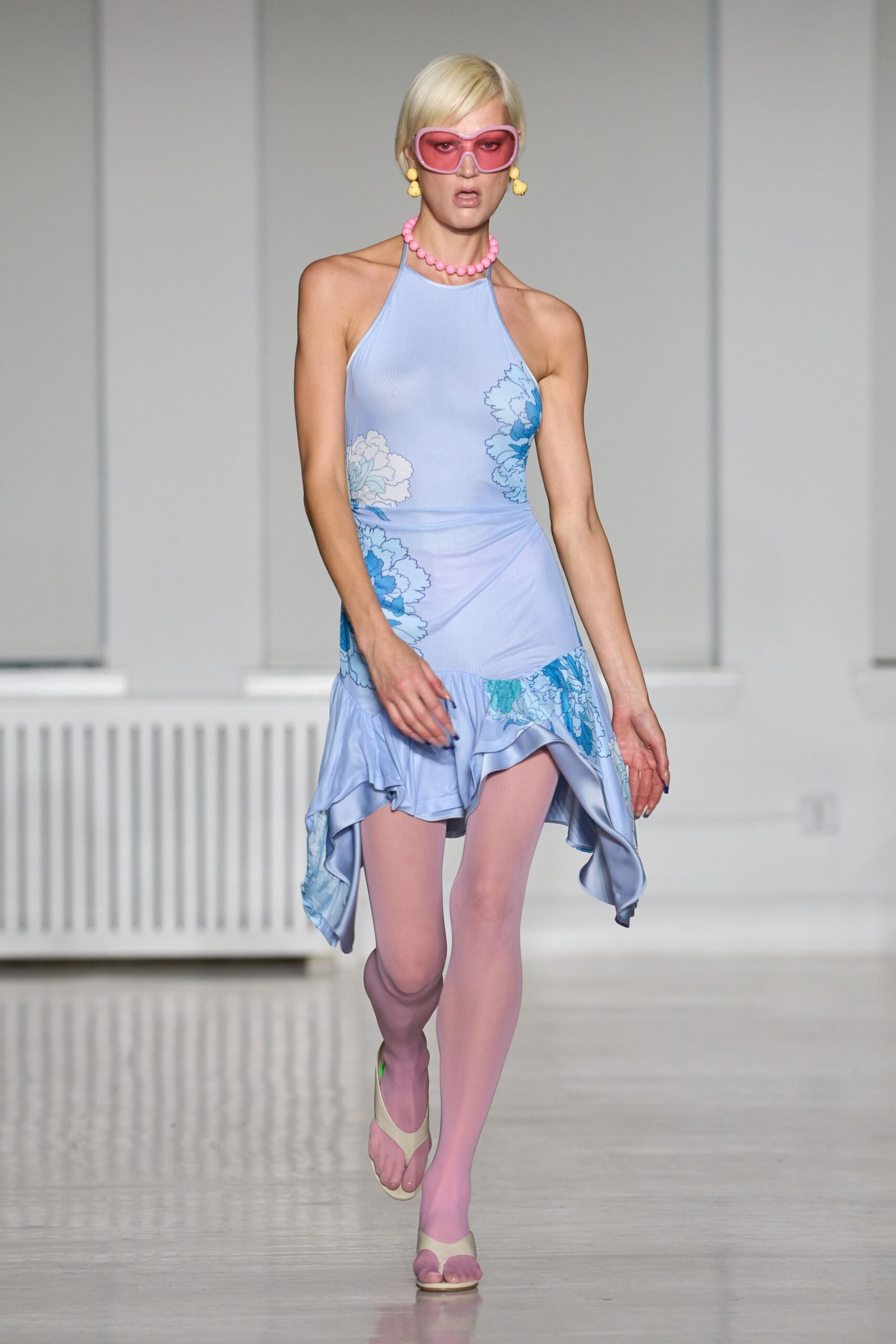 blue jersey halter sleeveless fitted floral ruched mini-dress