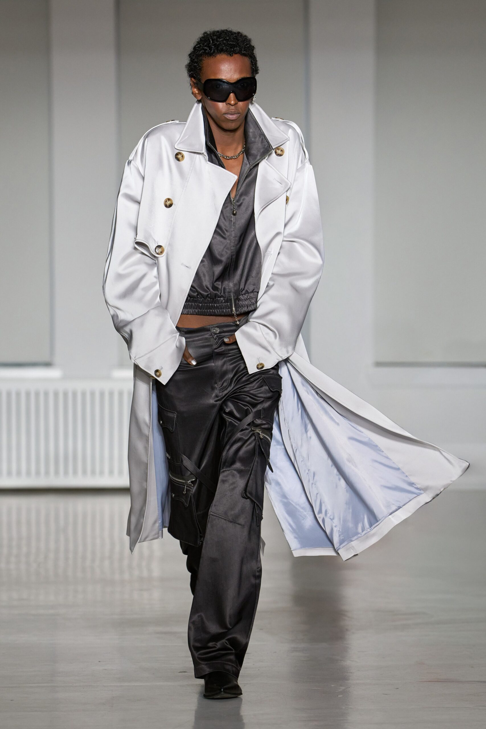 gray satin cargo pockets shiny pants