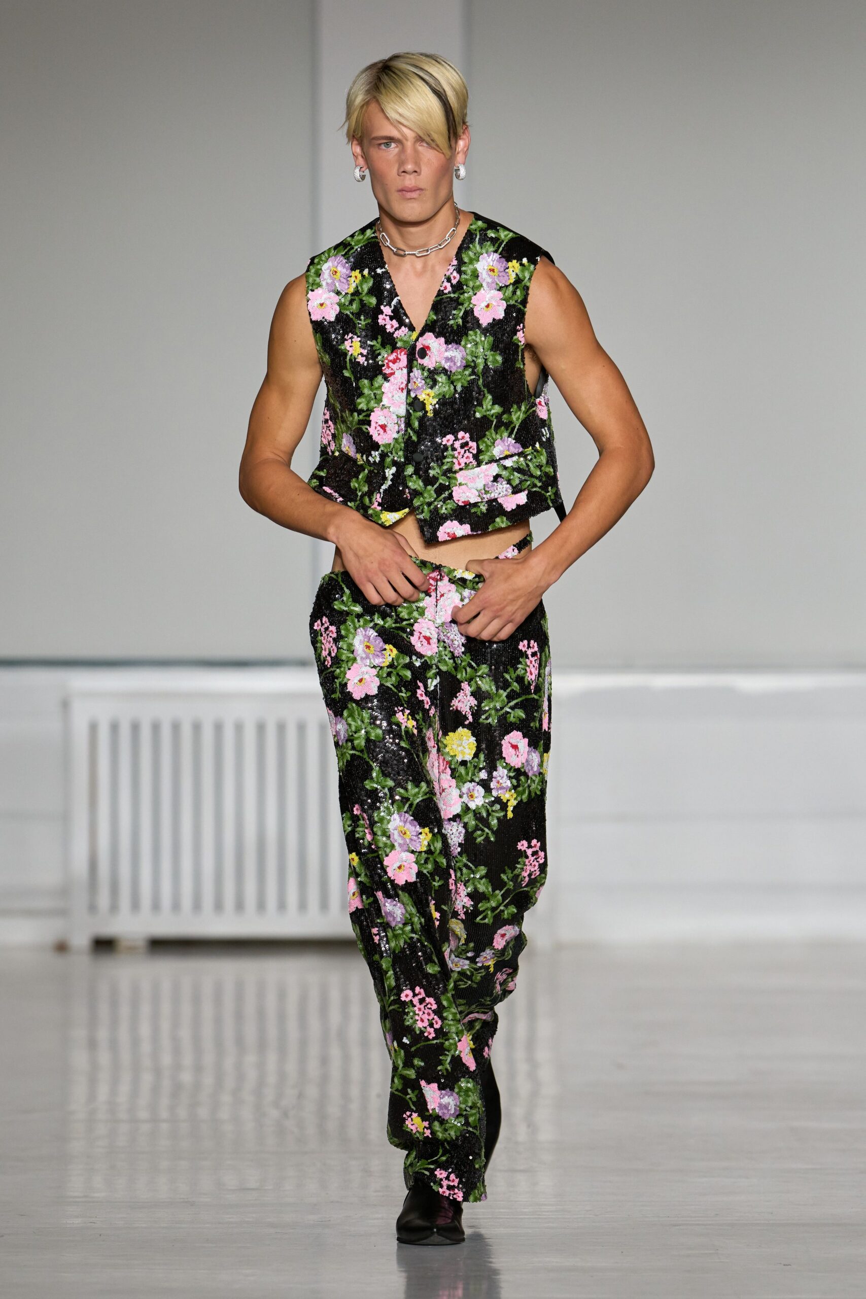 black sequin relaxed floral shiny textured pants