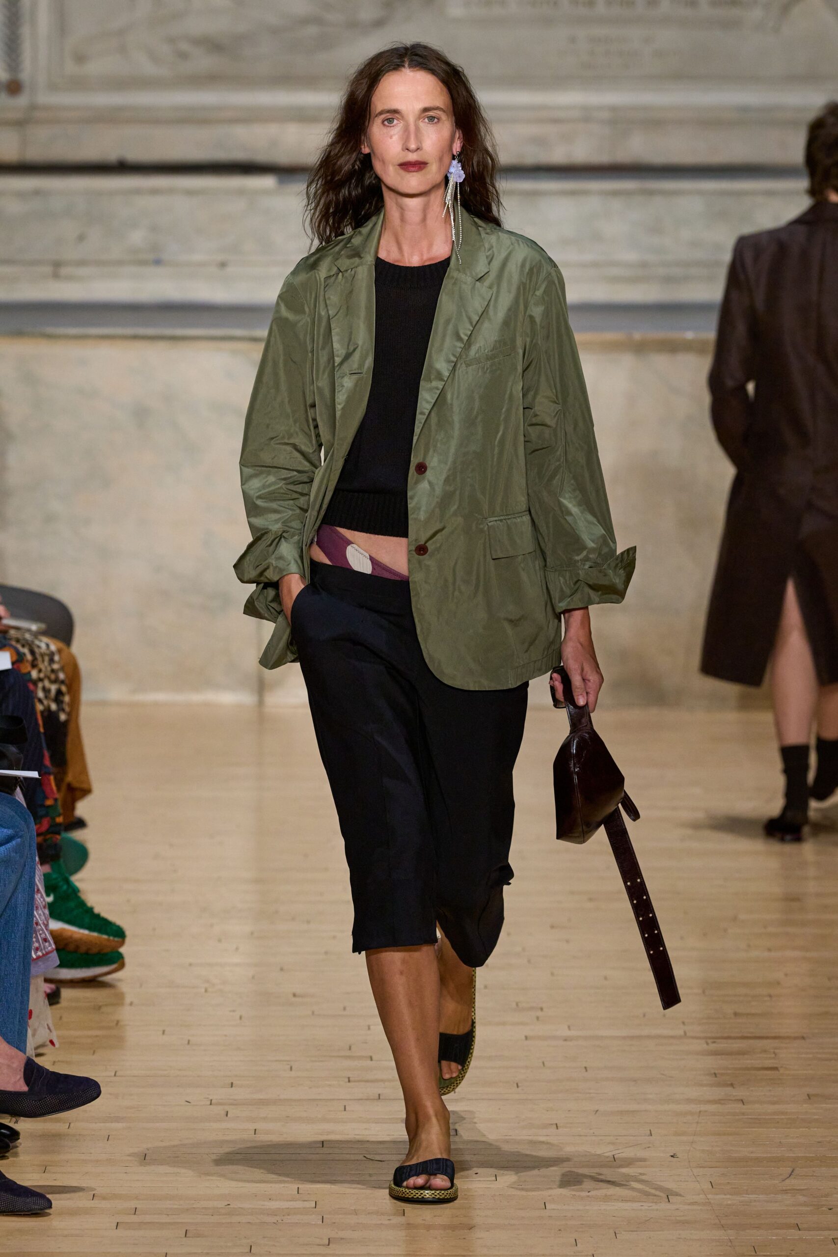 green nylon long-sleeve collared oversized buttoned pockets blazer