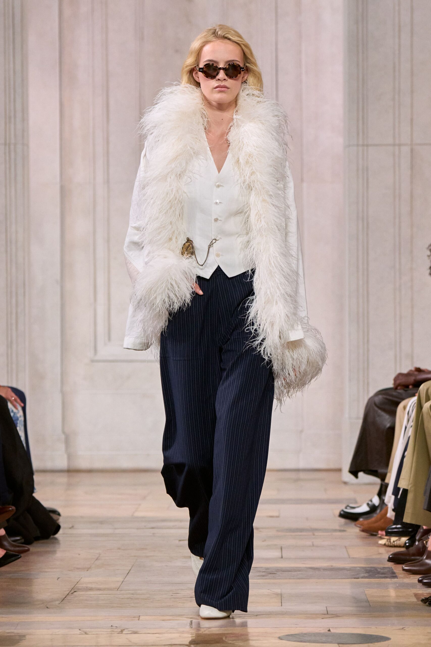 white feather-trim evening jacket