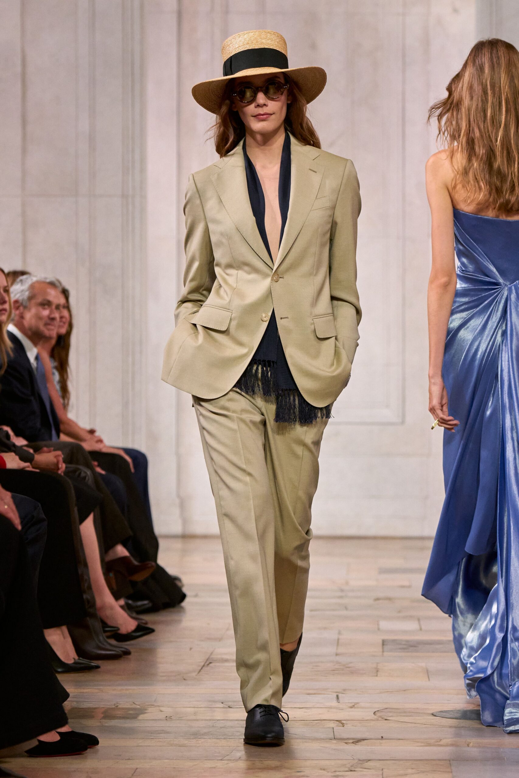 beige tailored blazer and trousers