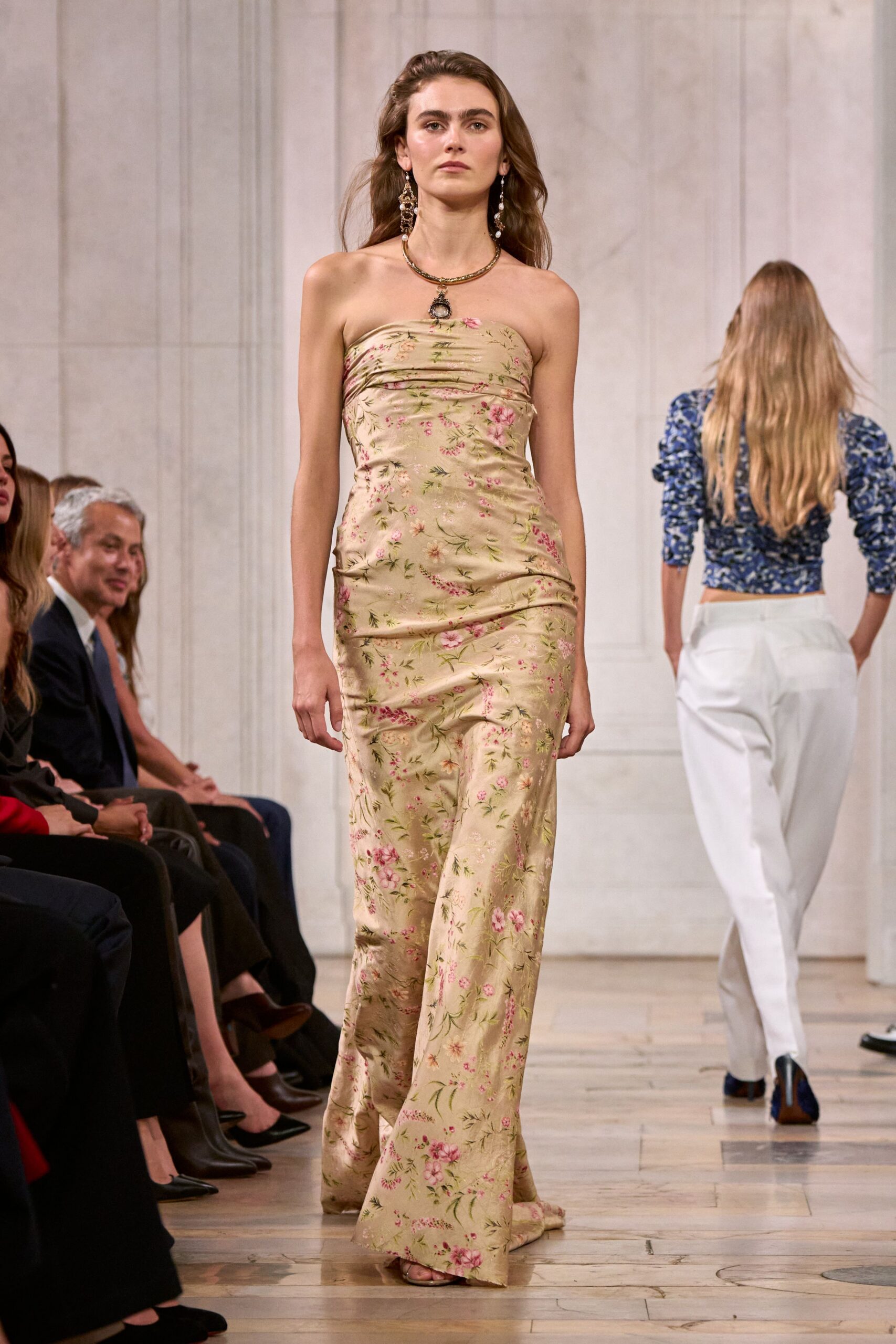strapless floral satin evening gown