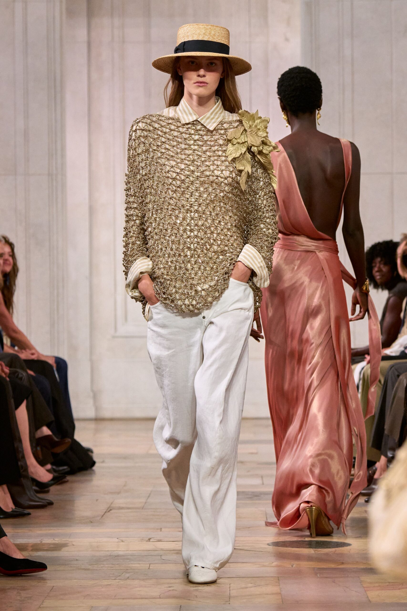 gold open-knit sweater with floral applique