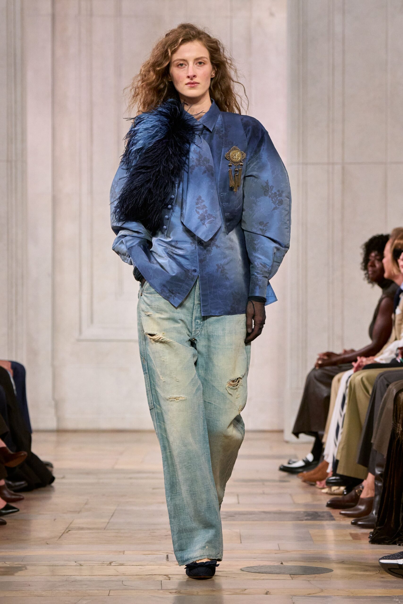 blue floral jacquard satin shirt