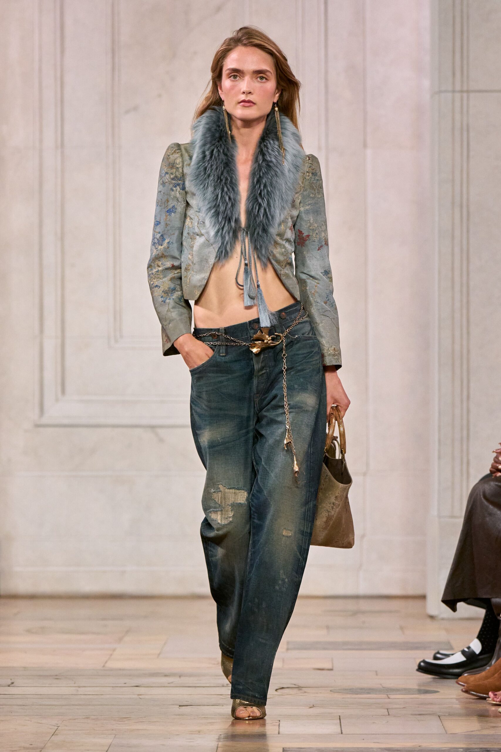 fur-collar floral brocade cropped jacket