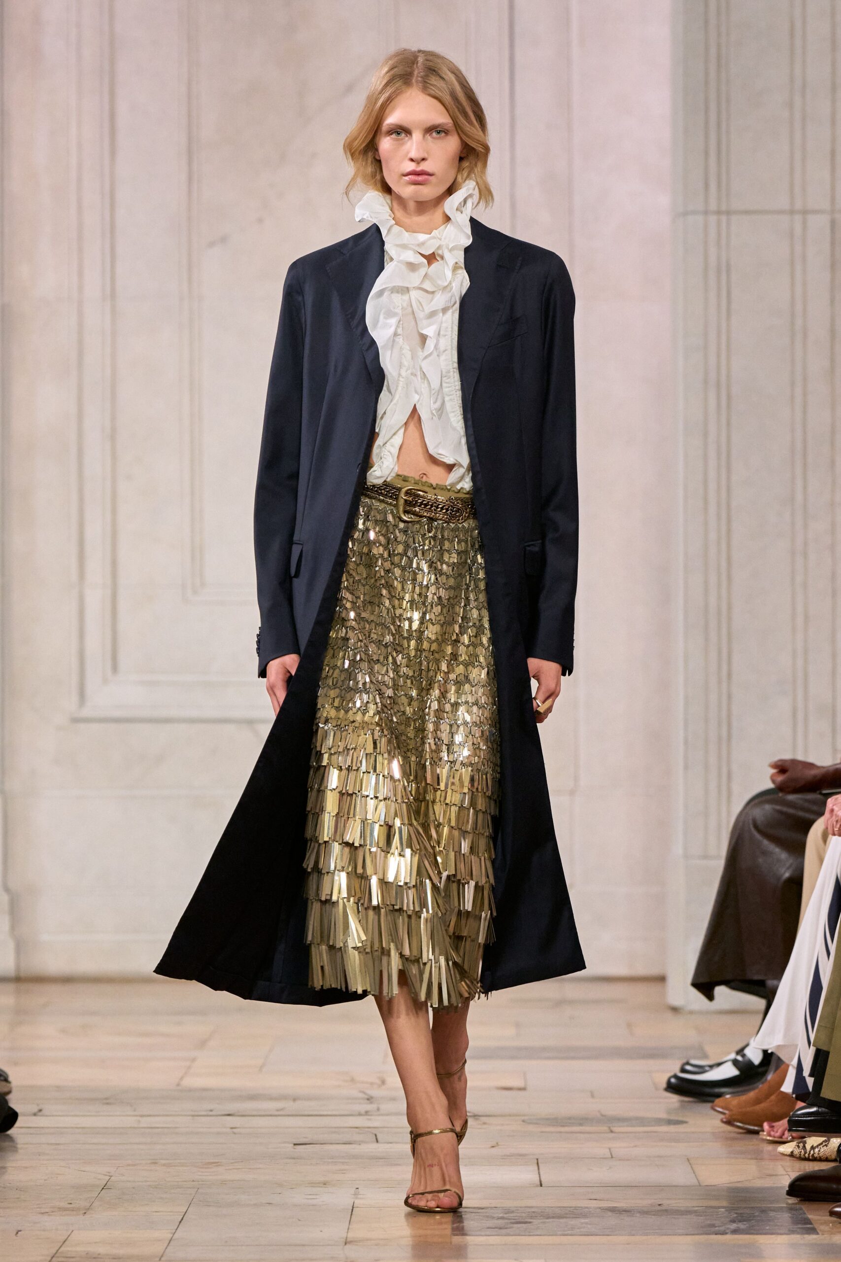 gold paillette fringe midi skirt