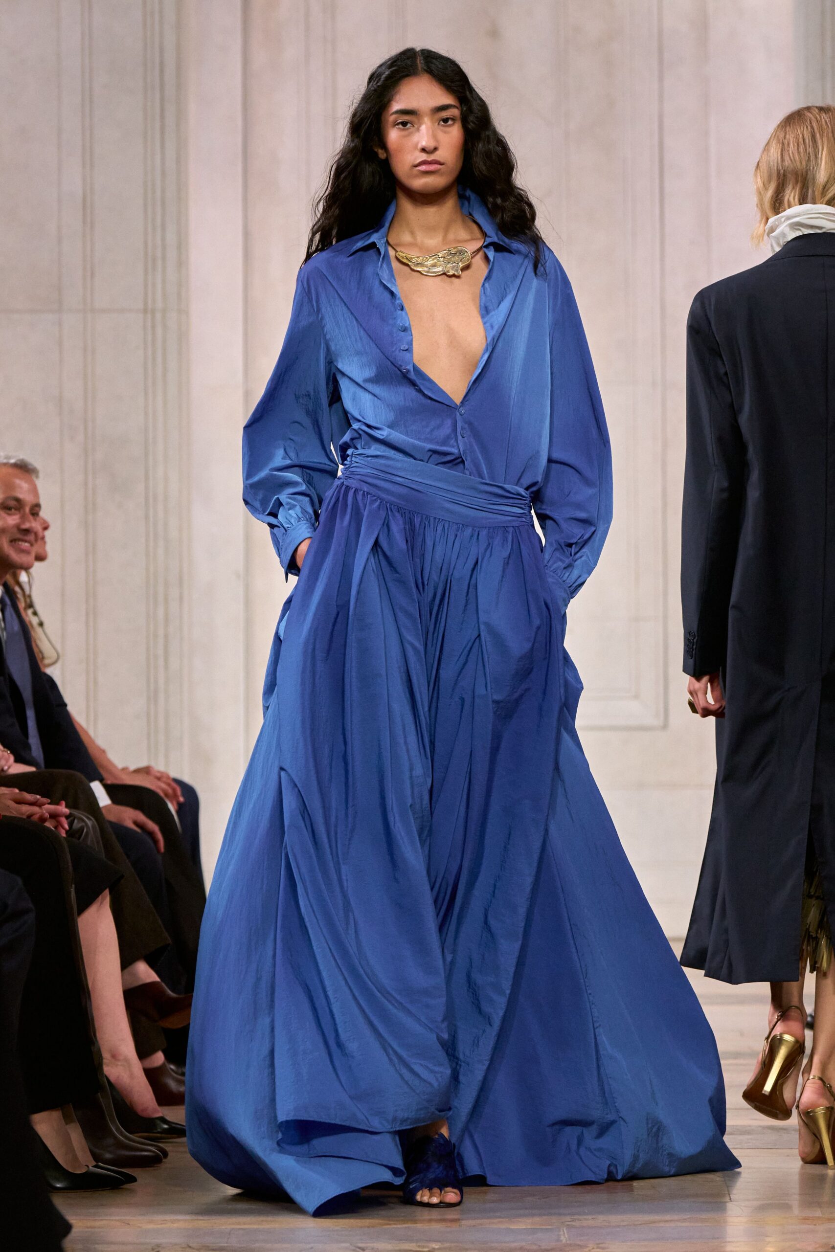 blue draped shirt gown