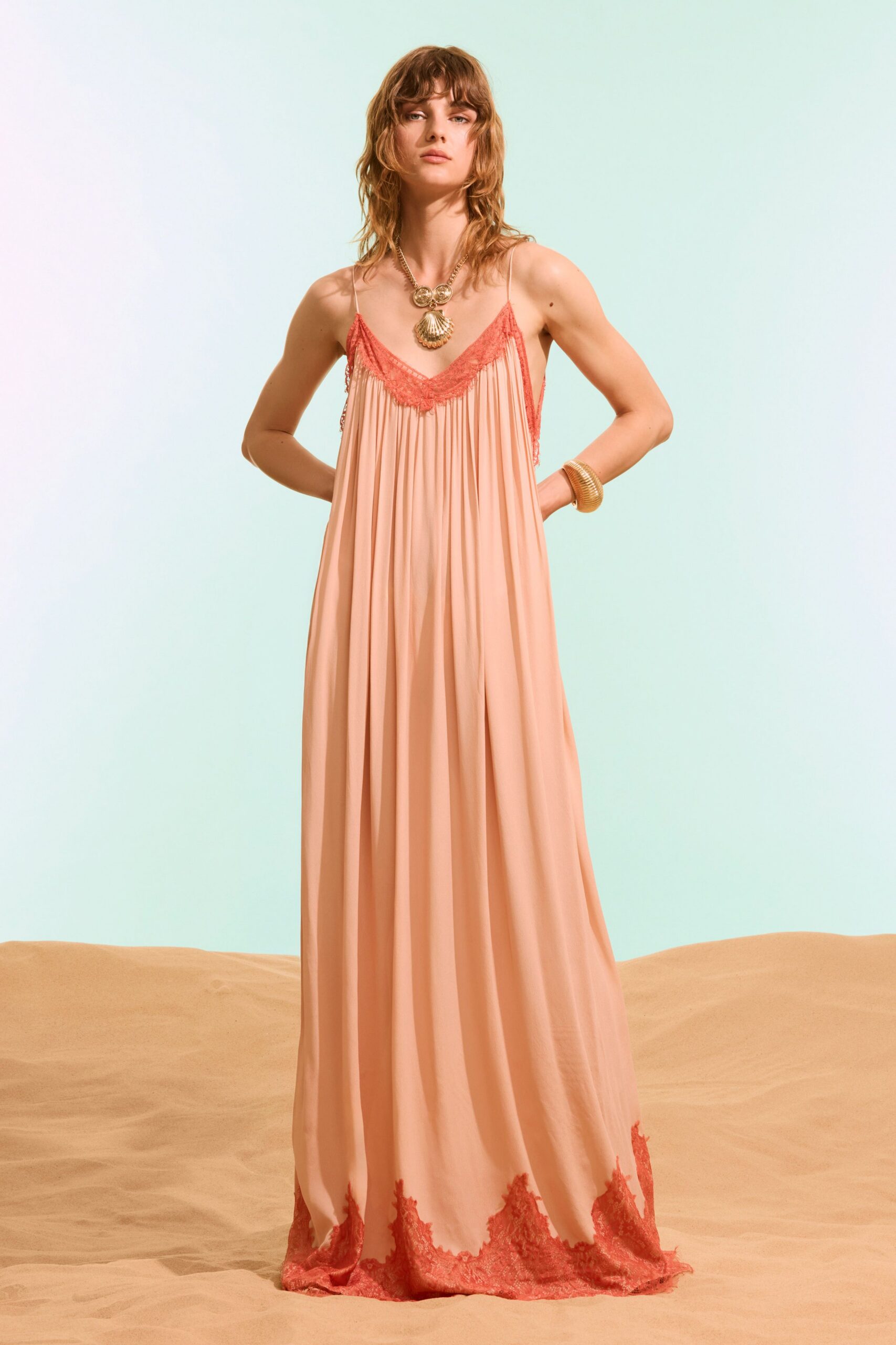 pink chiffon spaghetti-strap v-neck draped embroidered flowing maxi-dress