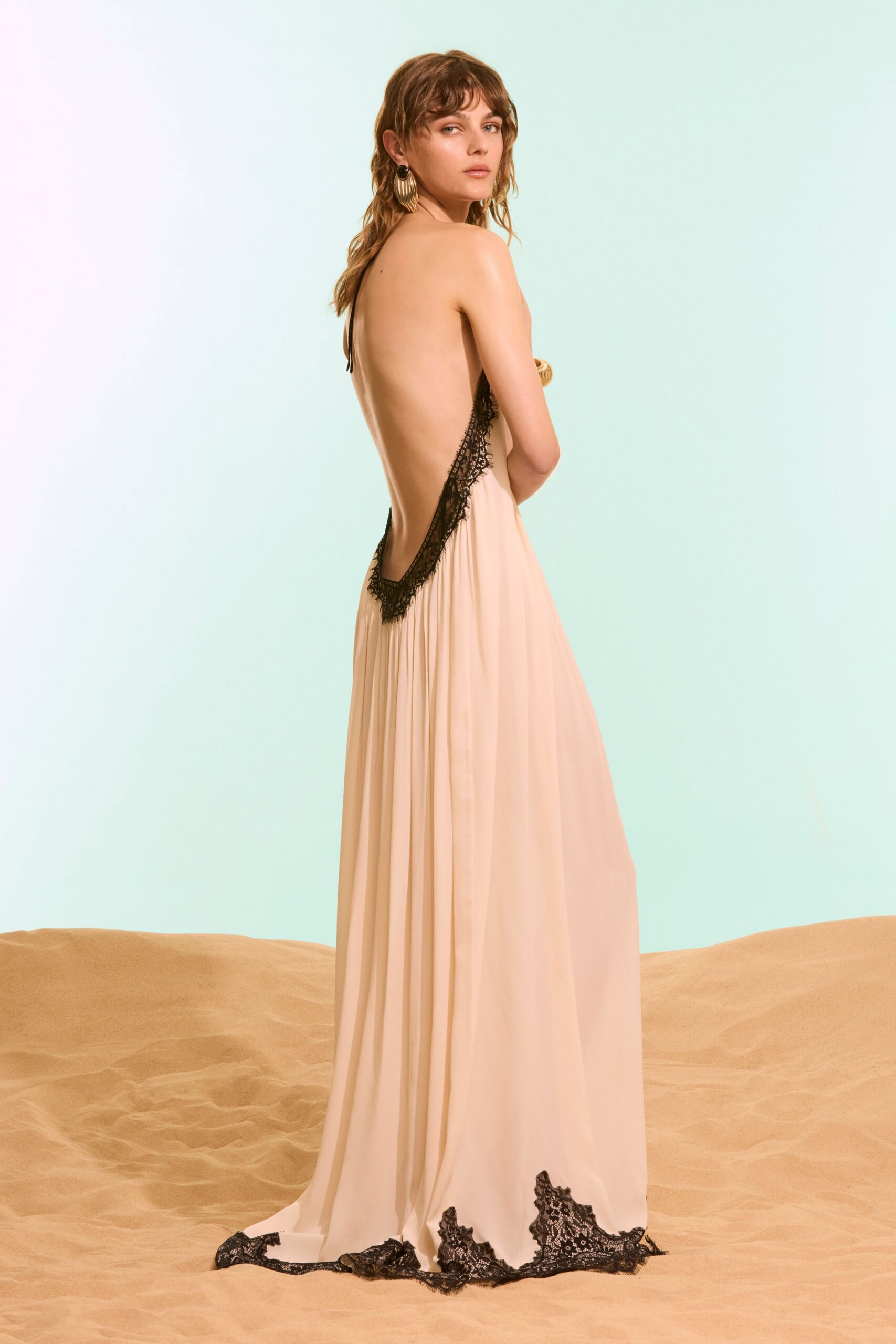 backless lace-trim ivory slip gown
