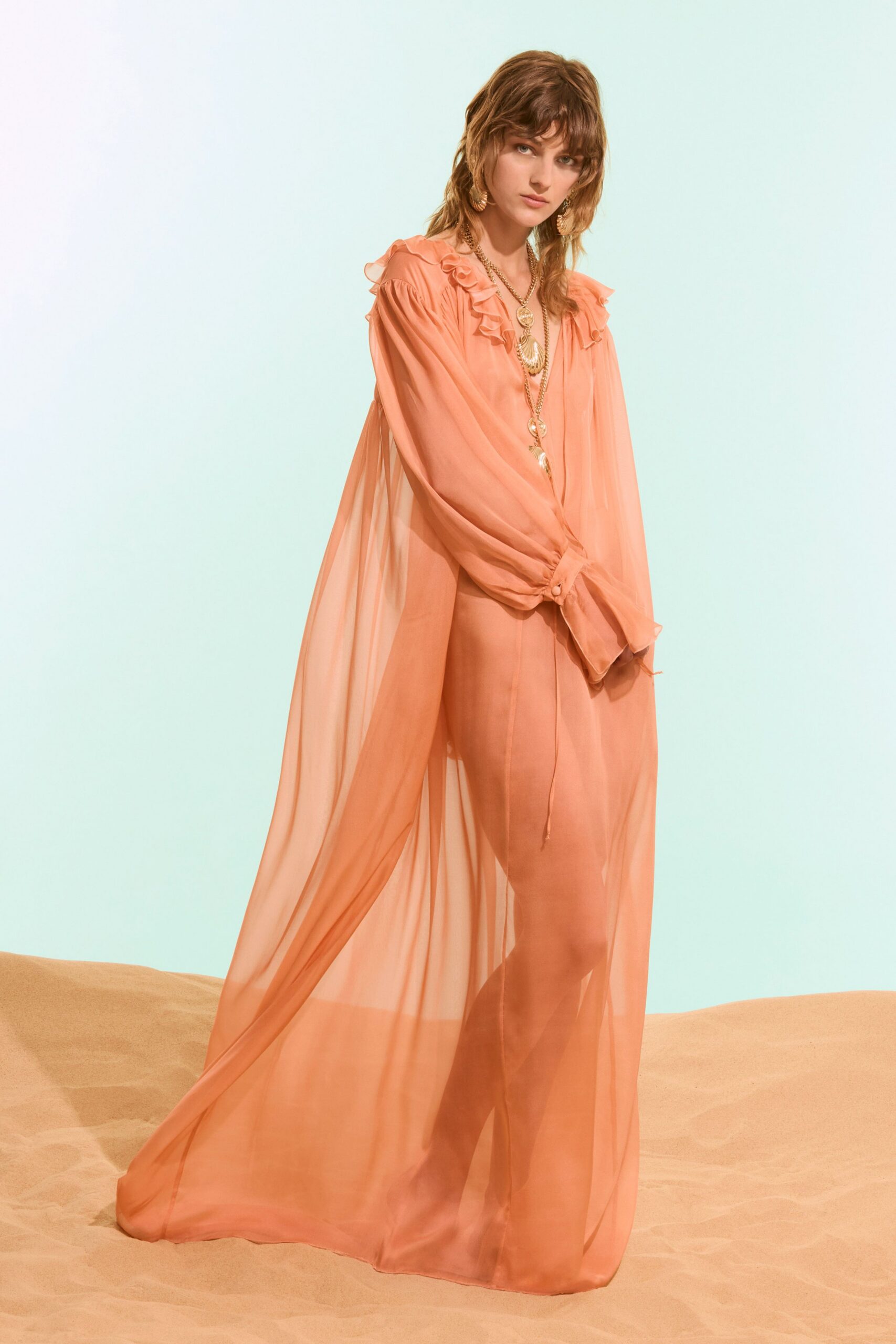 sheer coral chiffon caftan gown