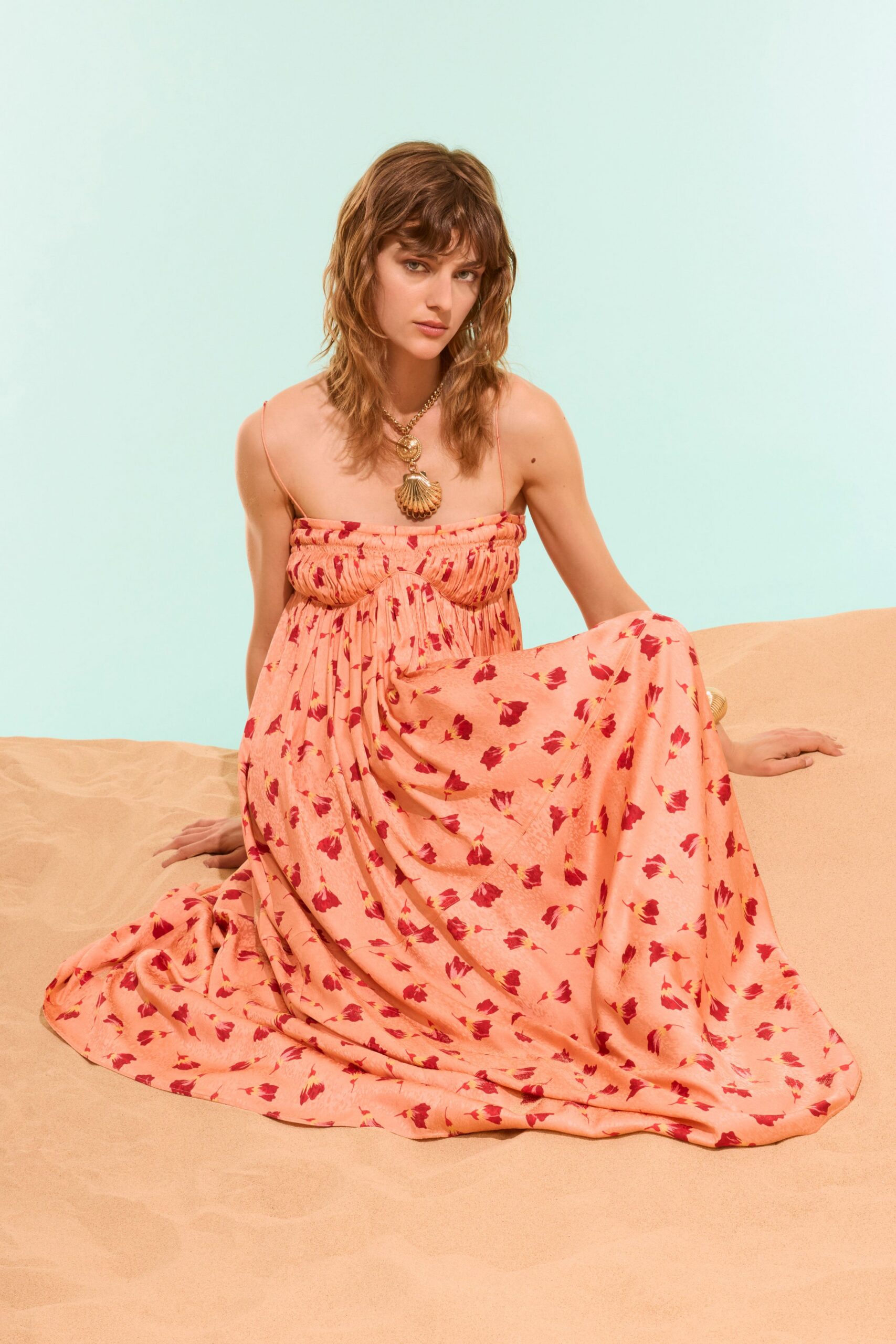 pink satin spaghetti-strap square-neck floral ruched maxi-dress