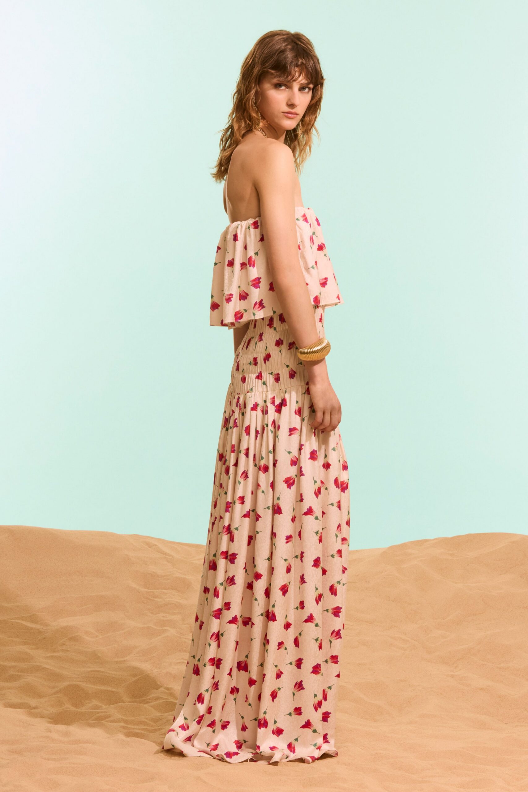 strapless floral ruffle maxi dress